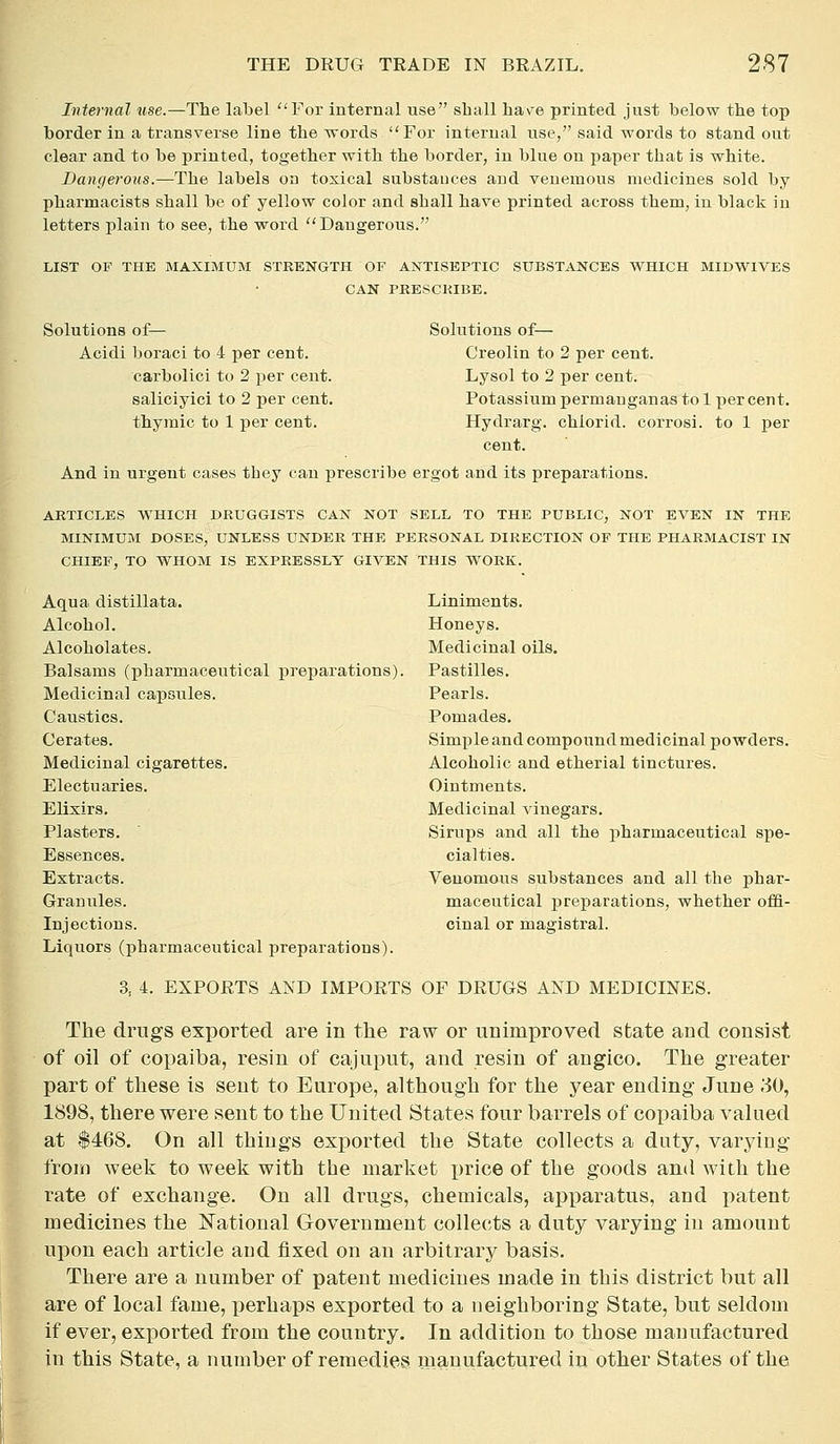 Internal use.—The label For internal use shall ha\'e printed just below the top border in a transverse line the words For internal use, said words to stand out clear and to be printed, together with the border, in blue on paper that is white. Dangerous.—The labels on toxical substauces and veuemous medicines sold by pharmacists shall be of yellow color and shall have printed across them, in black in letters plain to see, the word Dangerous. LIST OF THE MAXIMUM STRENGTH OF ANTISEPTIC SUBSTANCES WHICH MIDWIVES CAN PRESCRIBE. Solutions of— Solutions of— Acidi boraci to 4 per cent. Creolin to 2 per cent, carbolici to 2 jjer cent. Lysol to 2 per cent, saliciyici to 2 per cent. Potassium permauganas to 1 per cent, thymic to 1 per cent. Hydrarg. chlorid. corrosi. to 1 per cent. And in urgent cases they can prescribe ergot and its preparations. ARTICLES WHICH DRUGGISTS CAN NOT SELL TO THE PUBLIC, NOT EVEN IN THE MINIMUM DOSES, UNLESS UNDER THE PERSONAL DIRECTION OF THE PHARMACIST IN CHIEF, TO WHOM IS EXPRESSLY GIVEN THIS WORK. Aqua distillata. Liniments. Alcohol. Honeys. Alcoholates. Medicinal oils. Balsams (pharmaceutical preparations). Pastilles. Medicinal capsules. Pearls. Caustics. Pomades. Cerates. Simple and compound medicinal powders. Medicinal cigarettes. Alcoholic and etherial tinctures. Electuaries. Ointments. Elixirs. Medicinal Adnegars. Plasters. Sirups and all the pharmaceutical spe- Essences. cialties. Extracts. Venomous substances and all the phar- Granules. maceutical preparations, whether ofifi- Injections. cinal or magistral. Liquors (pharmaceutical preparations). 3, 4. EXPORTS AND IMPORTS OF DRUGS AND MEDICINES. The drugs exported are in the raw or unimproved state and consist of oil of copaiba, resin of cajuput, and resin of angico. The greater part of tliese is sent to Europe, although for the year ending June 30, 1898, there were sent to the United States four barrels of copaiba valued at $468. On all things exported the State collects a duty, varying from week to week with the market x)rice of the goods and with the rate of exchange. On all drugs, chemicals, apparatus, and patent medicines the National Government collects a duty varying in amount upon each article and fixed on an arbitrary basis. There are a number of patent medicines made in this district but all are of local fame, perhaps exported to a neighboring State, but seldom if ever, exported from the country. In addition to those manufactured in this State, a number of remedies manufactured in other States of the