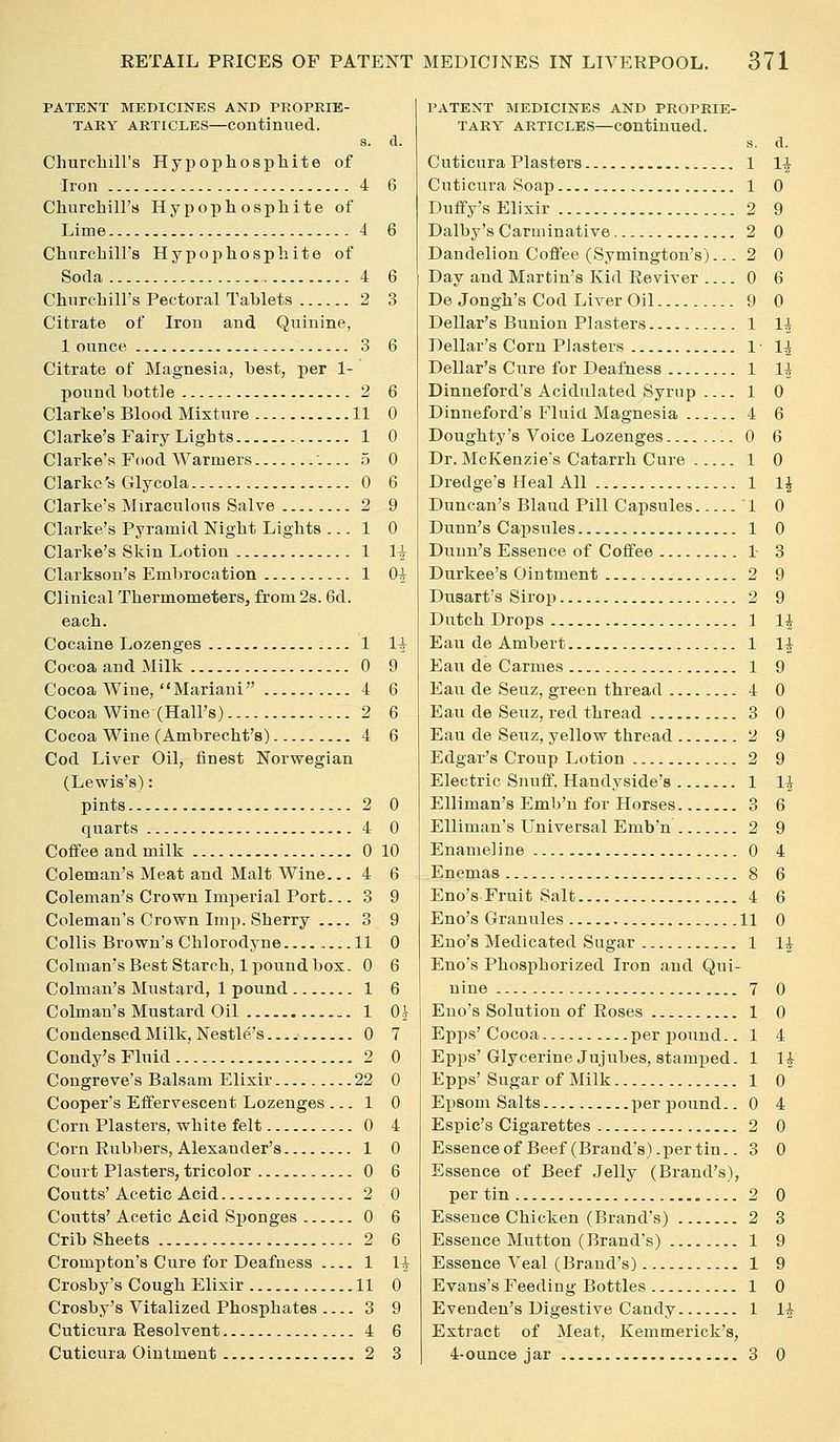 PATENT MEDICINES AND PROPRIE- TARY ARTICLES—continued. s. d. Churcliill's Hypophospliite of Iron 4 6 Churchill's Hypophosphite of Lime 4 6 Churchill's Hypophosphite of Soda -.-,. 4 6 Churchill's Pectoral Tablets 2 3 Citrate of Iron and Quinine, 1 ounce 3 6 Citrate of Magnesia, best, per 1- pound bottle 2 6 Clarke's Blood Mixture 11 0 Clarke's Fairy Lights 1 0 Clarke's Food Warmers 5 0 Clarke's Glycola 0 6 Clarke's Miraculous Salve 2 9 Clarke's Pyramid Night Lights ... 1 0 Clarke's Skin Lotion 1 14^ Clarkson's Embrocation 1 0^ Clinical Thermometers^ from 2s. 6d. each. Cocaine Lozenges 1 1^ Cocoa and Milk 0 9 Cocoa Wine, Mariani 4 6 Cocoa Wine (Hall's) 2 6 Cocoa Wine (Ambrecht's) 4 6 Cod Liver Oil, finest Norwegian (Lewis's): pints 2 0 quarts 4 0 Coffee and milk 0 10 Coleman's Meat and Malt Wine... 4 6 Coleman's Crown Imperial Port... 3 9 Coleman's Crown Imp. Sherry 3 9 Collis Brown's Chlorodyne 11 0 Colman's Best Starch, 1 pound bos. 0 6 Colman's Mustard, 1 pound 1 6 Colman's Mustard Oil 1 O.J- Condensed Milk, Nestle's.... 0 7 Condy'sFluid 2 0 Congreve's Balsam Elixir 22 0 Cooper's Effervescent Lozenges 1 0 Corn Plasters, white felt 0 4 Corn Rubbers, Alexander's 1 0 Court Plasters, tricolor 0 6 Coutts'Acetic Acid 2 0 Coutts' Acetic Acid Sponges 0 6 CribSheets 2 6 Crompton's Cure for Deafness 1 1^ Crosby's Cough Elixir 11 0 Crosby's Vitalized Phosphates 3 9 Cuticura Resolvent 4 6 Cuticura Ointment 2 3 PATENT BIEDICINES AND PROPRIE- TARY ARTICLES—continued. Cuticura Plasters Cuticura Soap Duffy's Elixir Dalby's Carminative Dandelion Coffee (Symington's) Day and Martin's Kid Reviver De Jongh's Cod Liver Oil Dellar's Bunion Plasters Dellar's Corn Plasters Dellar's Cure for Deafness Dinneford's Acidulated Syrnp Dinneford's Fluid Magnesia Doughty's Voice Lozenges Dr. McKenzie's Catarrh Cure Dredge's Heal All Duncan's Bland Pill Capsules Dunn's Capsules Dunn's Essence of Coffee Durkee's Ointment Dusart's Sirop Dutch Drops Eau de Ambert Eau de Carmes Eau de Seuz, green thi-ead Eau de Seuz, red thread Eau de Seuz, yellow thread Edgar's Croup Lotion Electric Snuff, Handyside's Elliman's Emb'n for Horses Elliman's Universal Emb'n Enameline Enemas Eno's Fruit Salt Eno's Granules Eno's Medicated Sugar Eno's Phosphorized Iron and Qui- nine Eno's Solution of Roses Epps' Cocoa per pound.. Epps' Glycerine Jujubes, stamped. Epps' Sugar of Milk Epsom Salts per pound.. Espic's Cigarettes Essence of Beef (Brand's) .per tin.. Essence of Beef Jelly (Brand's), per tin Essence Chicken (Brand's) Essence Muttou (Brand's) Essence Veal (Brand's) Evans's Feeding Bottles Evenden's Digestive Candy Extract of Meat, Kemmerick's, 4-ounce jar s. d. 1 li 1 0 2 9 2 0 2 0 0 6 9 0 1 u 1- u 1 1* 1 0 4 6 0 6 1 0 1 1| 1 0 1 0 4 3 2 9 2 9 1 H 1 li 1 9 4 0 3 0 2 9 2 9 1 li 3 6 2 9 0 4 8 6 4 6 11 0 1 1* 7 0 1 0 1 4 1 H 1 0 0 4 2 0 3 0 2 0 2 3 1 9 1 9 1 0 1 H 3 0