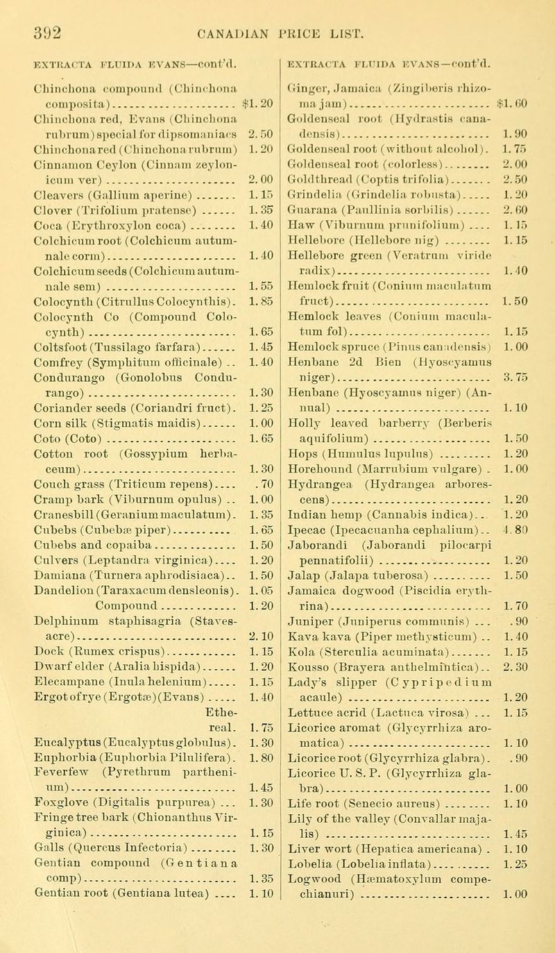 EXTRACTA I'LUIDA KVANS—Cont'd. Chinchoua compound (Cliinclioiia composita) $1. 20 Cliiiichoii.i red, EvaiiH (Cliinclioiia rubrum)8pe(!ial I'or dipsomaniacs 2. 50 Chinchonared (Chinchona rnbriiiii) 1. 20 Cinnamon Ceylon (Cinuam zeylon- icuni ver) 2. 00 Cleavers (Gallium apciiue) 1. ir> Clover (Trifolium pratenso) 1. 35 Coca (ErytLioxylon coca) 1. 40 Colchicnmroot (Colcbicnm autum- nalo corm) 1.40 Colcliicum seeds (Colcliicum autnm- nale sem) 1.55 Colocyntli (Citrnllus Colocynthis). 1. 85 Colocynth Co (Compound Colo- cynth) 1. 65 Coltsfoot (Tussilago farfara) 1. 45 Comfrey (Sympliitum officinale) .. 1.40 Condurango (Gonolobus Condu- rango) 1.30 Coriander seeds (Coriandri frxict). 1. 25 Corn silk (Stigmatis maidis) 1. 00 Coto(Coto) 1.65 Cotton root (Gossypium herba- ceum) 1. 30 Couch grass (Triticum repens) 70 Cramp bark (Viburnum opulus) .. 1.00 Cranesbill (Geraniummaculatum). 1. 35 Cubebs (Cubebas piper) 1. 65 Cubebs and copaiba 1.50 Culvers (Leptandra virginica) 1. 20 Damiana (Turuera aphrodisiaca).. 1. 50 Dandelion (Taraxacum densleonis). 1. 05 Compound 1. 20 Delpbiuum stapbisagria (Staves- acre) 2.10 Dock (Rumex crispus) 1.15 Dwarf elder (Aralia bispida) 1. 20 Elecampane (Inulabeleuium) 1.15 Ergot of rye (Ergotse) (Evans) 1. 40 Ethe- real. 1.75 Eucalyptus (Eucalyptus globulus). 1. 30 Euphorbia (Euphorbia Pilulifera). 1. 80 Feverfew (Pyrethrum partheni- um) 1.45 Foxglove (Digitalis purpurea) ... 1.30 Fringe tree bark (Chionanthus Vir- ginica) 1.15 Galls (Quercus Infectoria) 1. 30 Gentian compound (Gentiana comp) 1. 35 Gentian root (Gentiana lutea) 1.10 K.XTUACTA KM'IDA KVANS —cont'd. (linger, Jamaica (Zingiberis iliizo- ma jam) $1. fiO Goldenseal root (Hydrastis cana- densis) 1.90 Goldenseal root (without alcoliol). 1. 75 Goldenseal root (colorless) 2.00 Goldthread (Coptis ti'ifolia) 2..50 Grindelia ((irindelia robiista) 1.20 Guarana (Paullinia sorbilis) 2.60 Haw (Viburnum prunifolium) 1.15 Hellebore (Hellebore nig) 1.15 Hellebore green (Veratrum viriflc radix) 1.10 Hemlockfruit (Conium niaculatiim fruct) 1.50 Hemlock leaves (Conium macula- tum fol) 1.15 Hemlock spruce (Piiius canidcnsis) 1. 00 Henbane 2d Bien (Hyoscyamus niger) 3. 75 Henbane (Hyoscyamus niger) (An- nual) 1.10 Holly leaved barberry (Berberis aquifolium) 1. .50 Hops (Humulus lupulus) 1.20 Horehound (Marrubium vulgare) . 1.00 Hydrangea (Hydrangea arbores- cens) 1.20 Indian hemp (Cannabis indicaj.. 1.20 Ipecac (Ipecacuanha cephalium).. 1.80 Jaborandi (Jaborandi pilocarpi pennatifolii) 1. 20 Jalap (Jalapa tuberosa) 1. 50 Jamaica dogwood (Piscidia eryth- rina) 1. 70 Juniper (Juniperus communis) ... .90 Kava kava (Piper methysticum) .. 1.40 Kola (Sterculia acuminata) 1.15 Kousso (Brayera authelmrntica).. 2.30 Lady's slipper (Cypripedium acaule) 1. 20 Lettuce acrid (Lactuca virosa) ... 1.15 Licorice aromat (Glycyrrhiza aro- matica) 1.10 Licorice root (Glycyrrhiza glabra). . 90 Licorice U. S. P. (Glycyrrhiza gla- bra) 1.00 Life root (Senecio aureus) 1.10 Lily of the valley (Convallar maja- lis) 1.45 Liver wort (Hepatica americana) . 1.10 Lobelia (Lobelia inflata) 1. 25 Logwood (Hfematoxylum compe- chianuri) 1.00