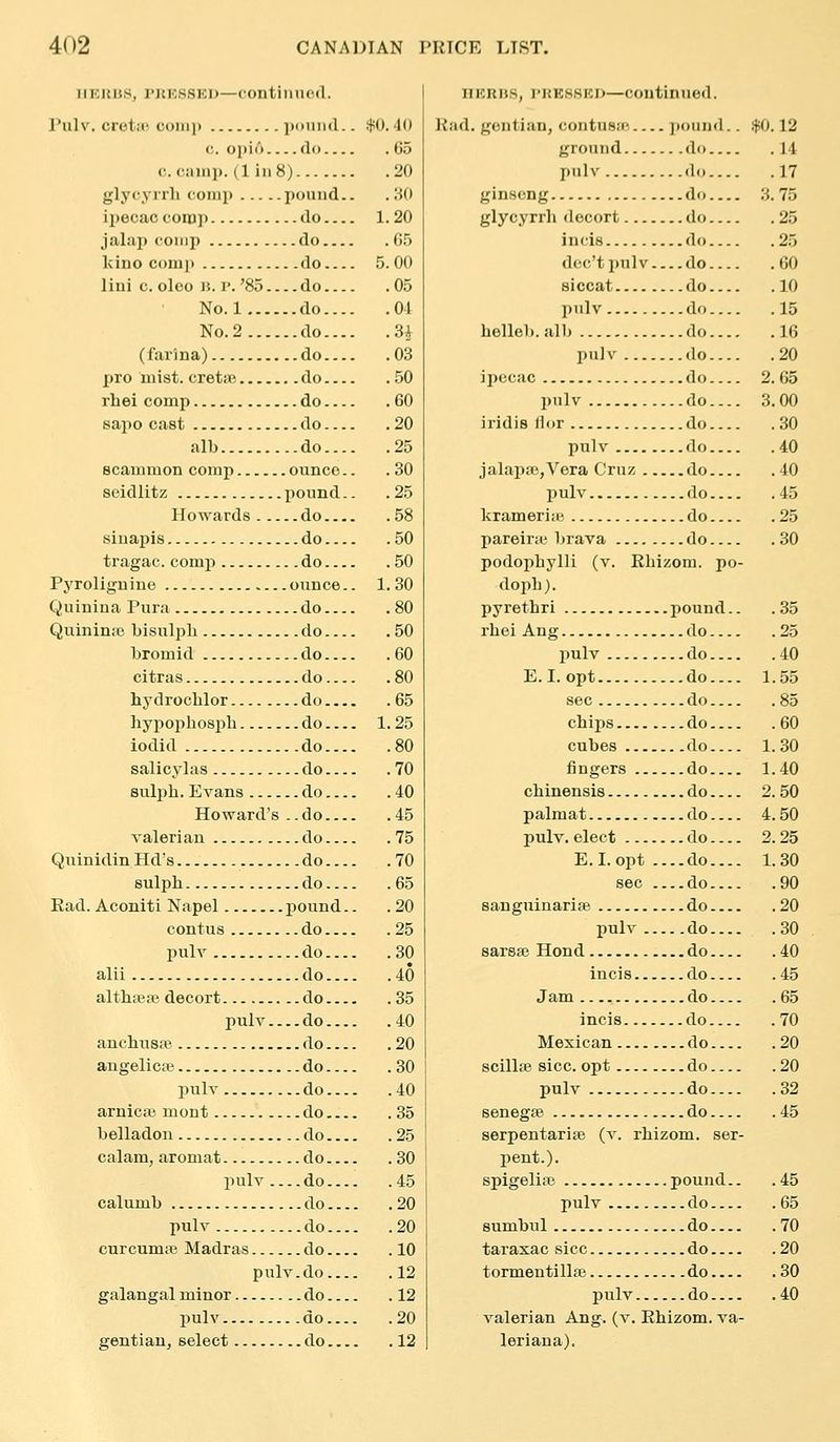 IIKIUJS, PRESSED—continued. Tulv. cretii! conip iionnd. c. opiA do... c. cainj). (1 in 8) glycyrrli corap pound. ipecac coiop do... jalup conip do... Ivino comp do... liui c. oleo u. p. '85 do... No.l do... No.2 do... (farina) do... X>ro luist. cretiB do... rhei comp do... sapo cast do... alb do... Bcammon comp ounce. seidlitz pound. Howards do... siuapis do... tragac. comp do... Pyroliguine ounce. Quinina Pura do... Quinina3 bisulpli do... bromid do... citras do... hydrochlor do... hypopbosph do... iodid do... salicylas do... sul^ih. Evans do... Howard's ..do... valerian do... Qiiinidin Hd's do... sulph do... Ead. Aconiti Napel pound. contus do... pulv do... alii do... althseae decort do... pnlv do... anchuspe do... angelica; do... pulv do... arnica) mont do... belladon do... calam, aromat do... pulv do.., calumb do.. pulv do.. curcumiB Madras do.. pulv. do... galangal minor do.. pulv do... gentian, select do.. $0. '10 .65 .20 .30 1.20 . f)5 5.00 .05 .01 .3i .03 .50 .60 .20 .25 .30 .25 .58 .50 .50 1.30 .80 .50 .60 .80 .65 1.25 .80 .70 .40 .45 .75 .70 .65 .20 .25 .30 .40 .35 .40 .20 .30 .40 .35 .25 .30 .45 .20 .20 .10 .12 .12 .20 .12 UKRHS, I'KESSKi)—Continued. Rad. gentian, contusie jiound.. $0.12 ground do 14 pulv do 17 ginseng do 3.75 glycyrrh decort do 25 incis do 25 dec'tpulv do 60 siccat do 10 pulv do 15 belleb.alb do 16 pulv do 20 ipecac do 2. 65 pulv do 3.00 iridis Hor do 30 pulv do 40 jalapse,Vera Cruz do 40 pulv do 45 krameriiB do 25 pareirte brava do 30 podopbylli (v. Rbizom. po- dopb). pyrethri pound.. .35 rhei Ang do 25 pulv do 40 E.I. opt do.... 1.55 sec do 85 chips do 60 cubes do 1.30 fingers do 1.40 chinensis do 2. 50 palmat do 4.50 pulv. elect do 2. 25 E.I.opt do.... 1.30 sec do 90 sanguinarife do 20 pulv do 30 sarsse Hond do 40 incis do 45 Jam do 65 incis do 70 Mexican do 20 scillse sice, opt do 20 pulv do 32 senegEe do 45 serpentariis (v. rbizom. ser- j)ent.). spigelite pound.. .45 pulv do 65 sumbul do 70 taiaxac sice do 20 tormentillas do 30 pulv do 40 valerian Ang. (v. Rhizom. Va- leriana).