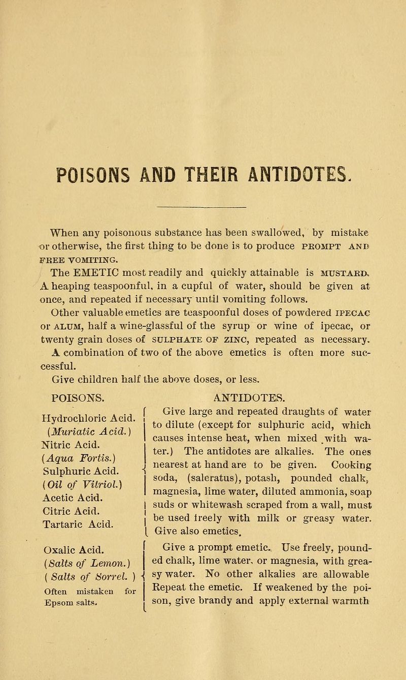 POISONS AND THEIR ANTIDOTES When any poisonous substance has been swallowed, by mistake <or otherwise, the first thing to be done is to produce prompt and FREE VOMITING. The EMETIC most readily and quickly attainable is mustard, A heaping teaspoonful, in a cupful of water, should be given at once, and repeated if necessary until vomiting follows. Other valuable emetics are teaspoonful doses of powdered ipecac or alum, half a wine-glassful of the syrup or wine of ipecac, or twenty grain doses of sulphate of zinc, repeated as necessary. A combination of two of the above emetics is often more suc- cessful. Give children half the above doses, or less. POISONS. Hydrochloric Acid. (Muriatic Acid.) Nitric Acid. (Aqua Fortis.) Sulphuric Acid. (Oil of Vitriol.) Acetic Acid. Citric Acid. Tartaric Acid. Oxalic Acid. (Salts of Lemon.) ( Salts of Sorrel. ) Often mistaken for Epsom salts. ANTIDOTES. Give large and repeated draughts of water to dilute (except for sulphuric acid, which causes intense heat, when mixed .with wa- ter.) The antidotes are alkalies. The ones nearest at hand are to be given. Cooking soda, (saleratus), potasb, pounded chalk, magnesia, lime water, diluted ammonia, soap suds or whitewash scraped from a wall, must be used lreely with milk or greasy water. Give also emetics. Give a prompt emetic. Use freely, pound- ed chalk, lime water, or magnesia, with grea- sy water. No other alkalies are allowable Kepeat the emetic. If weakened by the poi- son, give brandy and apply external warmth