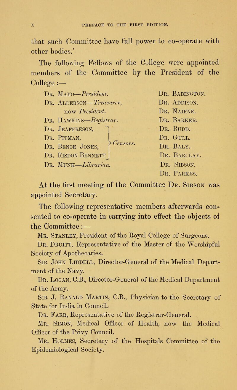 that such Committee have full power to co-operate with other bodies.' The following Fellows of the College were appointed members of the Committee by the President of the College :— Dr. Mayo—President. Dr. Babington. Dr. AldeRSON—Treasurer, Dr. AddisON. now President. Dr. NairNE. Dr. Hawkins—Registrar. Dr. Barker. Dr. Jeaffreson, ] Dr. Budd. Dr. Pitman, I Dr. Gull. Dr. Benoe Jones, p^^^*^^-^- Dr. Baly. Dr. Risdon Bennettj Dr. Barclay. Dr. Munk—Librarian. Dr. SiBSON. Dr. Parkes. At the first meeting of the Committee Dr. Sibson was appointed Secretary. The following representative members afterwards con- sented to co-operate in carrying into eflPect the objects of the Committee:— Mr. Stanley, President of the Royal College of Surgeons. Dr. Druitt, Representative of the Master of the Worshipful Society of Apothecaries. Sir John LrooELL, Director-General of the Medical Depart- ment of the Navy. Dr. Logan, C.B., Director-General of the Medical Department of the Army. Sir J. Ranald Martin, C.B., Physician to the Secretary of State for India in Council. Dr. Farr, Representative of the Registrar-General. Mr. Simon, Medical QjSicer of Health, now the Medical Officer of the Privy Council. Mr. Holmes, Secretary of the Hospitals Committee of the Epidemiological Society.