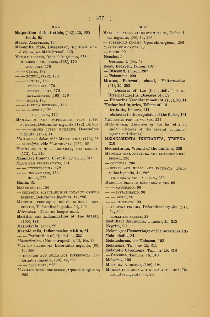 MAL Malposition of the testicle, (143), 15, 305 teeth, 95 Malum Aleppense, 196 Mammilla, Male, Diseases of, (for their sub division, see Male breast), 173 Mamm^ ablatio, Opus chirurgicum, 278 MULIEBRIS abscessus, (168), 170 ATROPHIA, 170 — — CYSTIS, 172 ECZEMA, (172), 190 — — FISTULA, 172 HYPEREMIA, 170 HYPERTROPHIA, 170 INFLAMMATIO, (168), 170 MORBI, 170 PAPILLA DEPRESSA, 172 SCISSA, 172 ^ ulc grata, 172 Mammarum aut papillarum plus justo NUMERUS, Deformitas ingenita, (172), 14, 802 MINUS justo NUMERUS, Deformitas ingenita, (172), 14 Mammarum dolor, vide Mastodynia, (172), 28 — neuralgia, vide Mastodynia, (172), 28 Mammarum tumor chronicus, she longus, (172), 14, 310 Mammary tumour, Chronic, (173), 15, 311 Mammilla virilis cystis, 174 hypertrophia, 172 inflammatio, 172 MORBI, 172 Mania, 31 Manus curta, 186 — pedesque scapularum et coxarum ossibus INSERTI, Deformitas ingenita, 14, 296 Manuum pedumque digiti numero defi- ciENTES, Deformitas ingenita, 14, 296 Marasmus. Term no longer used. Mastitis, see Inflammation of the breast, (169), 171 Mastodynia, (173), 29 Mastoid cells. Inflammation within, 61 Perforation of. Operation, 255 Masturlation, (Manustrupratio), 13, No. 43 Maxilla lamboides, Deformitas ingenita, (90) 14, 296 — INFERIOR AUT NULLA AUT IMPERFECTA, De- formitas ingenita, (90), 14, 296 LOCO MOTA, 228 Maxilla inferioris excisio, Opus chiiairgicurn, 256 Maxillae latera minus symmetrica, Defonu i- tas ingenita, (90), 14, 296 — superioris excisio. Opus chirurgicum, 256 Maxillarum cystis, 90 — MORBI, 90 Measles, 5 — German, 5 (No. 5) Meat, Decayed, Poison, 207 — Diseased, Poison, 207 — Poisonous, 209 Meatus, External, closed, Malformation, (61), 15, 293 Diseases of the (for subdivision see External meatus, Diseases of), 59 — Urinarius, Vascular tumour of, (155),15,311 Mechanical injuries. Effects of, 13 — irritants. Poisons, 211 — obstacles to the expulsion of the foetus, 161 Mediastini prioris vulnus, 234 Mediastinum, Affections of (to be returned under diseases of the several contained organs and tissues) MEDICAMENTA lERITANTIA, VENENA, 210 Mediastinum, Wound of the anterior, 235 Medulla sine fractura aut luxatione com- PRESSA, 236 —■ coNcussA, 236 — SPiN^ AUT NULLA AUT INCHOATA, Defor- mitas ingenita, 14, 292 vulnerata aut lacerata, 236 Medullas dentium degenerationes, 90 GANGR^NA, 90 ■ INFLAMMATIO, 90 MORBI, 90 ULCERATIO, 90 — IN SPINA FissuRA, Deformitas ingenita, (24), 14, 300 — MOLLITIES ALBENS, 22 Medullary Carcinoma, Tumour, 15, 313 Megrim, 29 Mel3ena,seeH£emorrhage of the intestines, 105 Melancholia, 31 Melanoderma, see Melasma, 193 Melanoma, Tumour, 15, 311 Melanotic Carcinoma, Tumour, 15, 313 — Sarcoma, Tumour, 15, 313 Melasma, 193 Melasma Addisoni, (192), 124 Membra inferiora aut nulla aut rudia, De- formitas ingenita, 14, 296