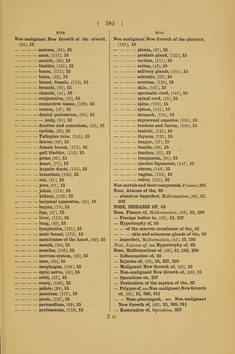 NON Non-malignant New Growth of the alveoli, (95), 15 antrum, (91), 15 anus, (111), 15 auricle, (59), 15 bladder, (131), 15 bones, (177), 15 brain, (23), 15 breast, female, (173), 15 — bronchi, (81), 15 choroid, (41), 15 conjunctiva, (38), 15 connective tissue, (189), 15 cornea, (37), 15 dental periosteum, (95), 15 pulp, (91), 15 dentine and cementujn, (93), 15 ■ eyelids, (55), 15 Fallopian tube, (145), 15 fauces, (99), 15 female breast, (173), 15 gall bladder, (115), 15 ■ gums, (95), 15 heart, (71), 15 . — hepatic ducts, (115), 15 intestines, (105), 15 iris, (41), 15 jaws, (91), 15 joints, (179), 15 kidney, (129), 15 lacrymal apparatus, (53), 15 larynx, (79), 15 Hps, (87), 15 Uver, (115), 15 lung, (85), 15 lymphatics, (121), 15 male breast, (175), 15 membranes of the heart, (69), 15 mouth, (89), 15 muscles, (185), 15 nervous system, (23), 15 nose, (65), 15 oesophagus, (101), 15 optic nerve, (43), 15 orbit, (57), 15 ovary, (145), 15 palate, (99), 15 pancreas, (117), 15 ■ — penis, (137), 15 ^ pericardium, (69), 15 peritonaeum, (119), 15 NOS Non-malignant New Growth of the pharynx, (101), 15 pleura, (87), 15 — prostate gland, (137), 15 — rectum, (111), 15 • retina, (45), 15 salivary glands, (101), 15 — sclerotic, (37), 15 scrotum, (139), 15 skin, (197), 15 spermatic cord, (141), 15 — spinal cord, (23), 15 spine, (183), 15 spleen, (121), 15 stomach, (103), 15 suprarenal capsules, (125), 15 — — tendons and fascise, (185), 15 testicle, (141), 15 thymus, (123), 15 tongue, (97), 15 tonsils, (99), 15 trachea, (81), 15 tympanum, (61), 15 uterine ligaments, (147), 15 uterus, (149), 15 vagina, (153), 15 vulva, (155), 15 Non-metals and their compounds. Poisons, 201 Nose, Abscess of the, 63 — absent or imperfect, Malformation, (65), 15, 293 NOSE, DISEASES OF, 63 Nose, Fissure of. Malformation, (65), 15, 299 — Foreign bodies in, (65), 13, 227 — Hypertrophy of, 63 of the mucous membrane of the, 63 skin and sebaceous glands of the, 63 — imperfect, MaKormation, (65), 15, 293 JVose, Lipoma of, see Hypertrophy of, 63 Nose, Malformations of, (65), 15, 293, 299 — Inflammation of, 63 — Injuries of, (65), 13, 227, 229 — Malignant New Growth of, (65), 15 — Non-malignant New Growth of, (65), 15 — Operations on, 257 — Perforation of the septum of the, 65 — Polypus of, see Non-malignant New Growth of, (65), 15, 309, 311 Naso-pharyngeal, see Non-malignant New Growth of, (65), 15, 309, 311 — Restoration of, Operation, 257 C