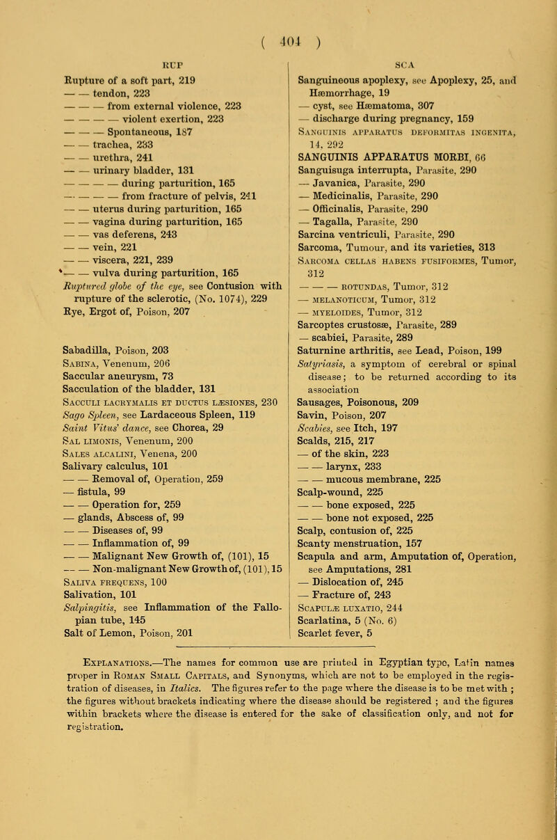 ( 1<»J ) RCP Eupture of a soft part, 219 tendon, 223 from external violence, 223 violent exertion, 223 Spontaneous, 187 trachea, 233 urethra, 241 urinary bladder, 131 during parturition, 165 — from fracture of pelvis, 241 uteriis during parturition, 165 vagina during parturition, 165 vas deferens, 243 vein, 221 viscera, 221, 239 ' vulva during parturition, 165 Ruj)titrcd globe of the eye, see Contusion with rupture of the sclerotic, (No. 1074), 229 Rye, Ergot of, Poison, 207 Satoadilla, Poison, 203 Sabina, Venenum, 206 Saccular aneurysm, 73 Sacculation of the bladder, 131 SaCCULI LACRYMALIS ET ductus LiESIONES, 230 Sago Spleen, see Lardaceous Spleen, 119 Saint Vitus' dance, see Chorea, 29 Sal limonis, Venenum, 200 Sales alcalini, Venena, 200 Salivary calculus, 101 Eemoval of, Operation, 259 — fistula, 99 — — Operation for, 259 — glands, Abscess of, 99 Diseases of, 99 Inflammation of, 99 Malignant New Growth of, (101), 15 Non-malignant New Growth of, (101), 15 Saliva frequens, 100 Salivation, 101 Salpingitis, see Inflammation of the Fallo- pian tube, 145 Salt of Lemon, Poison, 201 SCA Sanguineous apoplexy, see Apoplexy, 25, and Hasmorrhage, 19 — cyst, see Hasmatoma, 307 — discharge during pregnancy, 159 Sanguinis aitauatus uekohmitas ingknita, 14, 292 SANGUINIS APPARATUS MORBI, m Sanguisuga interrupta, Parasite, 290 — Javanica, Parasite, 290 — Medicinalis, Parasite, 290 — Officinalis, Parasite, 290 — TagaUa, Parasite, 290 Sarcina ventriculi. Parasite, 290 Sarcoma, Tumour, and its varieties, 313 Sarcoma cellas habens fusiformes, Tumor, 312 ROTUNDAS, Tumor, 312 — MELANOTicuM, Tumor, 312 — MYELOiDES, Tumor, 312 Sarcoptes crustosae. Parasite, 289 — scabiei. Parasite, 289 Saturnine arthritis, see Lead, Poison, 199 Satyriasis, a symptom of cerebral or spinal disease; to be returned according to its association Sausages, Poisonous, 209 Savin, Poison, 207 Scabies, see Itch, 197 Scalds, 215, 217 — of the skin, 223 — — larynx, 233 mucous membrane, 225 Scalp-wound, 225 bone exposed, 225 bone not exposed, 225 Scalp, contusion of, 225 Scanty menstruation, 157 Scapula and arm. Amputation of, Operation, see Amputations, 281 — Dislocation of, 245 — Fracture of, 243 Scapula luxatio, 244 Scarlatina, 5 (No. 6) Scarlet fever, 5 Explanations.—The names for common use are printed in Egyptian typo, Latin names proper in Roman Small Capitals, and Synonyms, which are not to be employed in the regis- tration of diseases, in Italics. The figiires refer to the page where the disease is to be met with ; the figures without brackets indicating where the disease should be registered ; and the figures within brackets where the disease is entered for the sake of classification only, and not for