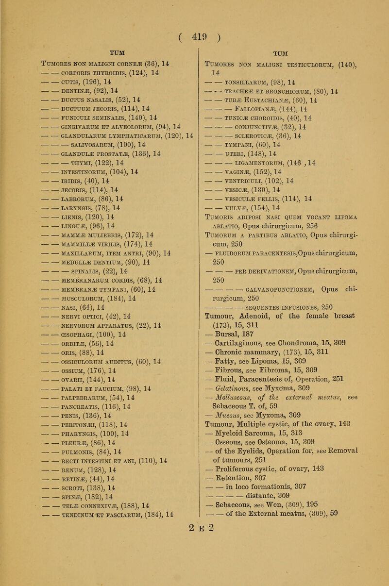 TUM TUMORES NON MALIGNI CORNEiE (38), 14 —'■ — CORPORIS THTROIDIS, (124), 14 CUTIS, (196), 14 DENTINS, (92), 14 DUCTUS NASALIS, (52), 14 DUCTUUM JECORIS, (114), 14 FUNICULI SEJIINALIS, (140), 14 GINGIVARUM ET ALVEOLORUM, (94), 1 4 GLANDULARUM LYMPHATICARUil, (120), SALIVOSARUM, (100), 14 GLANDULE PROSTATA, (136), 14 THTMI, (122), 14 INTESTUSrORUM, (104), 14 IRIDIS, (40), 14 JECORIS, (114), 14 LABRORUM, (86), 14 LARTNGIS, (78), 14 LIENIS, (120), 14 LINGUA, (96), 14 MAMMiE MULIEBRIS, (172), 14 MAMMILLA YIRILIS, (174), 14 MAXILLARUM, ITEM ANTRI, (90), 14 MEDULLA DENTIUM, (90), 14 SPINALIS, (22), 14 MEMBRANARUM CORDIS, (68), 14 MEMBRANE TTMPANI, (60), 14 —.— MUSCULORUM, (184), 14 NASI, (64), 14 NERVI OPTICI, (42), 14 NERVORUM APPARATUS, (22), 14 CESOPHAGI, (100), 14 ORBITiB, (56), 14 ORIS, (88), 14 OSSICULORUM AUDITUS, (60), 14 ossiuM, (176), 14 ovAEn, (144), 14 PALATI ET FAUCIUM, (98), 14 PALPEBRARUM, (54), 14 PANCREATIS, (116), 14 — — PENIS, (136), 14 PERITONEI, (118), 14 PHARTNGIS, (100), 14 PLEURA, (86), 14 PULMONIS, (84), 14 RECTI INTESTINI ET ANI, (110), 14 RENUM, (128), 14 RETINA, (44), 14 SCROTI, (138), 14 spiNiE, (182), 14 TELiE CONNEXIV^, (188), 14 TENDINUM ET FASCIARUM, (184), 14 14 TUM TUMORES NON MALIGNI TESTICULORUM, (140), 14 TONSILLARUM, (98), 14 TRACHEA ET BRONCHIORUM, (80), 14 TUB^ EUSTACHIANiE, (60), 14 Fallopian^, (144), l4 TUNICiE CHOROIDIS, (40), 14 CONJUNCTIVA, (32), 14 SCLEEOTICiE, {36), 14 TYMPANI, (60), 14 UTERI, (148), 14 LIGAMENTORUM, (146 , 14 — — VAGINA, (152), 14 VENTRICULI, (102), 14 VESICA, (130), 14 VESICULA FELLIS, (114), 14 VULVA, (154), 14 TUMORIS ADIPOSI NASI QUEM VOCANT LIPOMA ABLATIO, Opua chirurgicum, 256 TUMORUM A PARTIBUS ABLATIO, OpuS chirurgi- cum, 250 — FLUiDORUM PARACENTESis,Opus chirurgicum, 250 PER DEEIVATIONEM, Opus clLirurgicum, 250 ■ GALVANOPUNCTIONEM, OpuS chi- rurgicum, 250 SEQUENTES INFUSIONES, 250 Tumour, Adenoid, of the female breast (173), 15, 311 — Bursal, 187 — Cartilaginous, see Chondroma, 15, 309 — Chronic mammary, (173), 15, 311 — Fatty, see Lipoma, 15, 309 — Fibrous, see Fibroma, 15, 309 — Fluid, Paracentesis of. Operation, 251 — Gelatinous, see Myxoma, 309 — Molluscous, of the external meatus, see Sebaceous T. of, 59 — Mucous, see Myxoma, 309 Tumour, Multiple cystic, of the ovary, 143 — Myeloid Sarcoma, 15, 313 — Osseous, see Osteoma, 15, 309 — of the Eyelids, Operation for, see Eemoval of tumours, 251 — Proliferous cystic, of ovary, 143 — Eetention, 307 in loco formationis, 307 distante, 309 — Sebaceous, see Wen, (309), 195 -of the External meatus, (309), 59 2 E 2