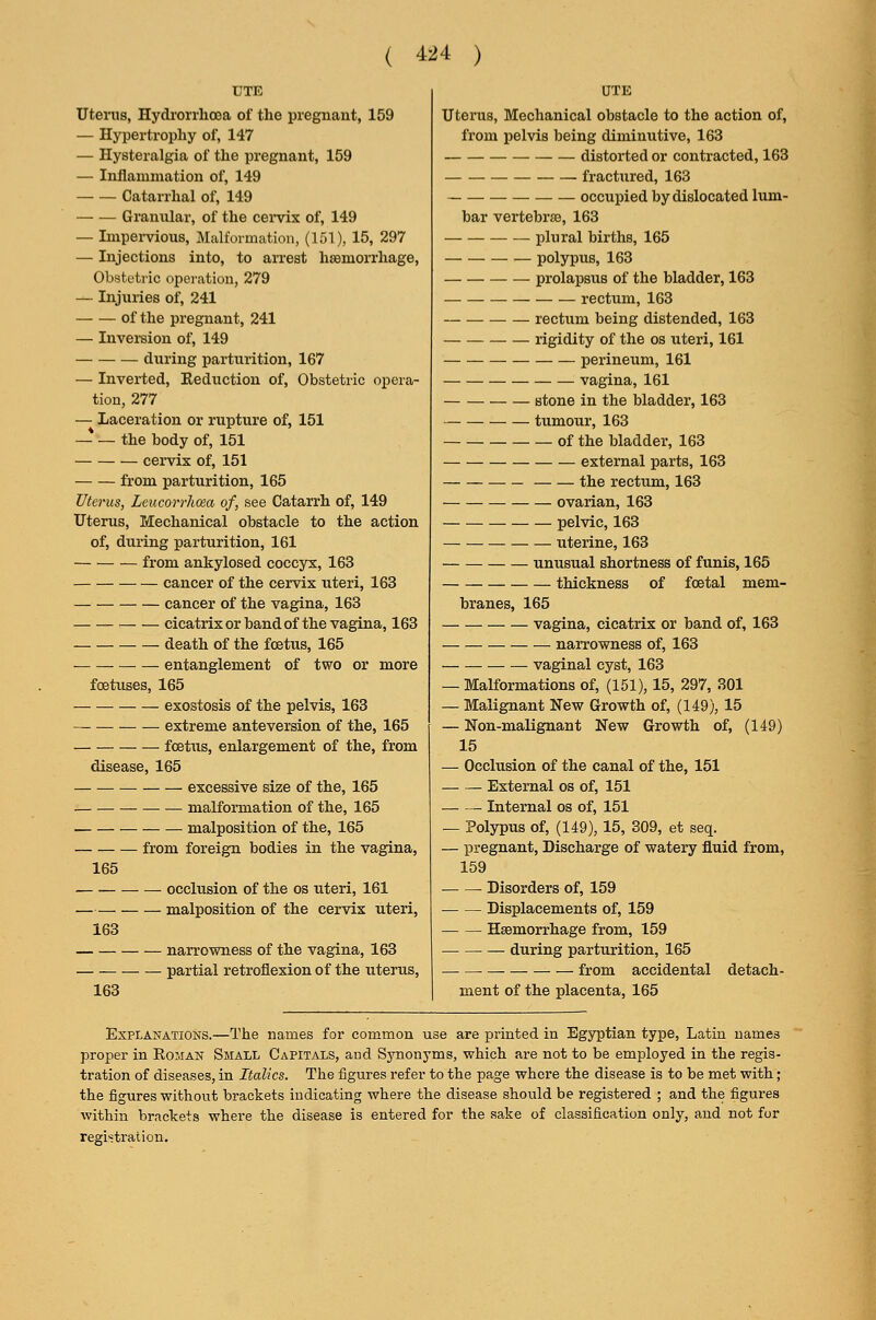 UTE Uterus, Hydronlioea of the pregnant, 159 — Hypertrophy of, 147 — Hysteralgia of the pregnant, 159 — Inflammation of, 149 Catarrhal of, 149 Granular, of the cervix of, 149 — Impei-vious, Malformation, (151), 15, 297 — Injections into, to arrest haemorrhage, Obstotric operation, 279 — Injuries of, 241 of the pregnant, 241 — Inversion of, 149 during parturition, 167 — Inverted, Reduction of. Obstetric opera- tion, 277 — Laceration or rupture of, 151 — — the body of, 151 cervix of, 151 from parturition, 165 Uterus, Lcucorrhoea of, see Catarrh of, 149 Uterus, Mechanical obstacle to the action of, during parturition, 161 — from ankylosed coccyx, 163 cancer of the cervix uteri, 163 cancer of the vagina, 163 cicatrixorbandof the vagina, 163 death of the foetus, 165 entanglement of two or more foetuses, 165 exostosis of the pelvis, 163 —• extreme anteversion of the, 165 fcetxis, enlargement of the, from disease, 165 excessive size of the, 165 malformation of the, 165 malposition of the, 165 from foreign bodies in the vagina, 165 occlusion of the os uteri, 161 malposition of the cervix uteri, 163 narrowness of the vagina, 163 partial retroflexion of the uterus, 163 UTE Uterus, Mechanical obstacle to the action of, from pelvis being diminutive, 163 — distorted or contracted, 163 fractured, 163 occupied by dislocated lum- bar vertebrae, 163 plural births, 165 polypus, 163 prolapsus of the bladder, 163 rectum, 163 rectum being distended, 163 rigidity of the os uteri, 161 perineum, 161 vagina, 161 stone in the bladder, 163 tumour, 163 of the bladder, 163 external parts, 163 the rectum, 163 — ovarian, 163 pelvic, 163 uterine, 163 unusual shortness of funis, 165 thickness of foetal mem- branes, 165 vagina, cicatrix or band of, 163 — narrowness of, 163 vaginal cyst, 163 — Malformations of, (151), 15, 297, 301 — Malignant New Growth of, (149), 15 — Non-malignant New Growth of, (149) 15 — Occlusion of the canal of the, 151 External os of, 151 Internal os of, 151 — Polypus of, (149), 15, 309, et seq. — pregnant. Discharge of watery fluid from, 159 Disorders of, 159 Displacements of, 159 Haemorrhage from, 159 during parturition, 165 from accidental detach- ment of the placenta, 165 Explanations.—The names for common use are printed in Egyptian type, Latin names proper in Roman Small Capitals, aud Synonyms, which are not to be employed in the regis- tration of diseases, in Italics. The figures refer to the page where the disease is to be met with; the figures without brackets indicating where the disease should be registered ; and the figures within brackets where the disease is entered for the sa.ke of classification only, and not for