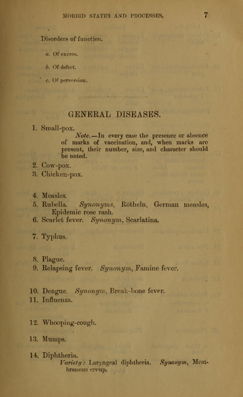 Disorders of function. a. Of excess. b. Of defect. c. Of perversion. GENERAL DISEASES. 1. Small-pox. Note.— In every case the presence or absence of marks of vaccination, and, when marks arc present, their number, size, and character should be noted. 2. Cow-pox. 3. Chicken-pox. 4. Measles. 5. Rubella. Synonyms, Rothelu, German measles, Epidemic rose rash. 6. Scarlet fever. Synonym, Scarlatina. 7. Typhus. 8. Plague. 9. Relapsing fever. Synonym, Famine favev. 10. Dengue. Synonym, Break-l>one fever. 11. Influenza. 12. Whooping-cough. 13. Mumps. 14. Diphtheria. Variety': Laryngeal diphtheria. Synonym, Mem- branous croup.