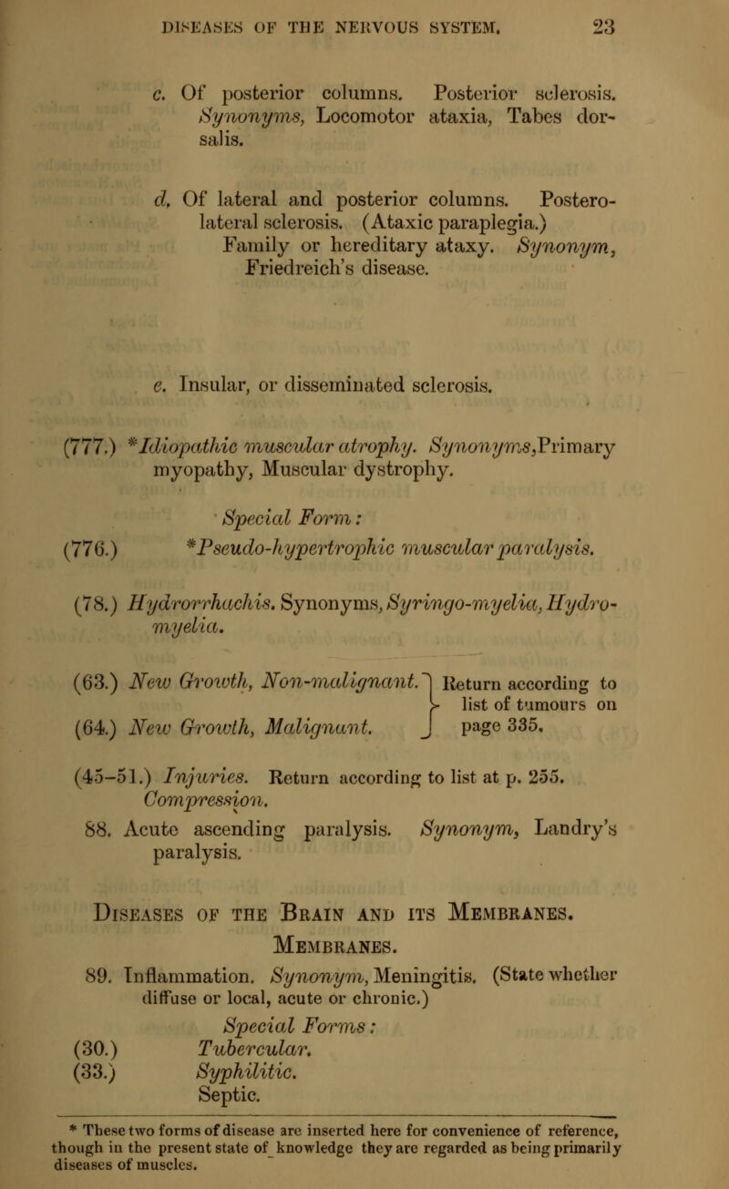 c. Of posterior columns. Posterior sclerosis. Synonyms, Locomotor ataxia, Tabes dor- sal is. d, Of lateral and posterior columns. Postero- lateral sclerosis. (Ataxic paraplegia.) Family or hereditary ataxy. Synonym, Friedreich's disease. e. Insular, or disseminated sclerosis. (777.) * Idiopathic muscular atrophy. Synonyms ^Pvim&ry myopathy, Muscular dystrophy. Special Form : (776.) *Pseudo-hypertrophic muscular paralysis. (78.) Hydrorrhachis. Synonyms, Syringo-myelia, Hydro- myelia, (63.) New Growth, Non-malignant.1 Return according to Y list of tumours on (64.) New Growth, Malignant, J page 335, (45-51.) Injuries. Return according to list at p. 255. Compression. 88. Acute ascending paralysis. Synonym, Landry's paralysis. Diseases of the Brain and its Membranes. Membranes. 89. Inflammation. Synonym, Meningitis. (State whether diffuse or local, acute or chronic) Special Forms : (30.) Tubercular» (33.) Syphilitic. Septic. * These two forms of disease are inserted here for convenience of reference, though in the present state of knowledge they are regarded as hcing primarily diseases of muscles.