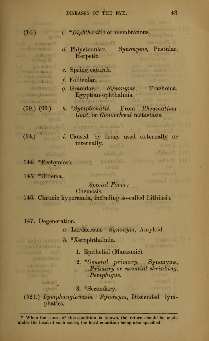(14.) c. *Diphtheritic or membranous. d. Phlyctenular. Synonyms, Pustular, Herpetic. e. Spring catarrh. /. Follicular. g. Granular. Synonyms, Trachoma, Egyptian ophthalmia. (59.) (GO.) h. '^Symptomatic. From Rheumatism Oout, or Gonorrhœal metastasis. (34.) i. Caused by drugs used externally or internally. 144. *Ecchymosis. 145. * (Edema. Special Form : Chemosis. 146. Chronic hyperemia, including so-called Lithiasis. 147. Degeneration. a. Lardaceoua. Synonym, Amyloid. b. ^Xerophthalmia. 1. Epithelial (Marasmic). 2. * General primary. Synonyms, Primary or-essential shrinking, Pemphigus. 3. • Secondary. (521.) Lymyhangiectasis. Synonym, Distended lym- phatics. * When the cause of this condition is known, the return should be made under the head of such cause, the local condition being also specified.