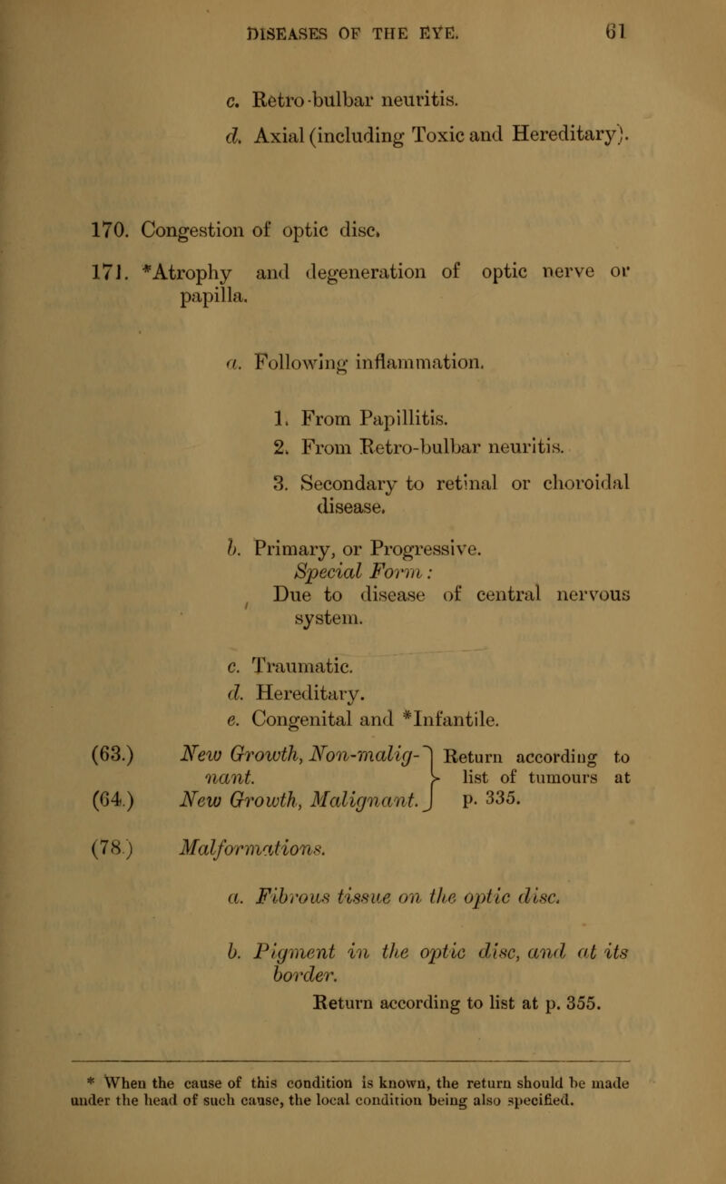 c. Retro-bulbar neuritis. d. Axial (including Toxic and Hereditary). 170. Congestion of optic disc. 17J. * Atrophy and degeneration of optic nerve or papilla. a. Following inflammation. 1. From Papillitis. 2. From Retro-bulbar neuritis. 3. Secondary to retinal or choroidal disease. b. Primary, or Progressive. Special Form : Due to disease of central nervous system. c. Traumatic. d. Hereditary. e. Congenital and * Infantile. (63.) Neiü Growth, Non-malig-~\ Return according to nant. > list of tumours at (G4.) New Growth, Malignant.) P- 335. (78.) Malformations. a. Fibrous tissue on the optic disc. b. Pigment in the optic disc, and ai its border. Return according to list at p. 355. * When the cause of this condition is known, the return should he made