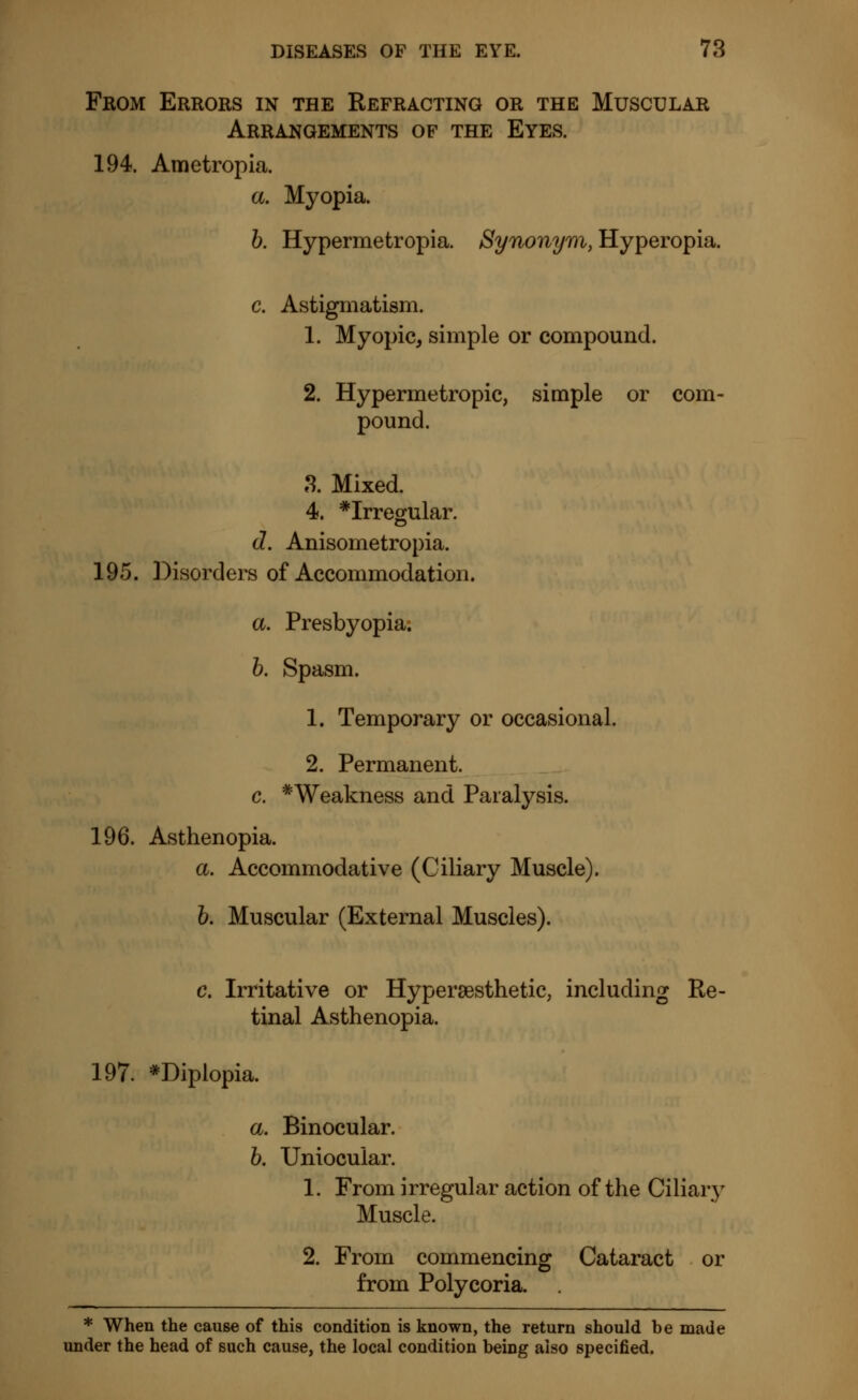 From Errors in the Refracting or the Muscular Arrangements of the Eyes. 194. Ametropia. a. Myopia. b. Hypermetropia. Synonym, Hyperopia. c. Astigmatism. 1. Myopic, simple or compound. 2. Hypermetropic, simple or com- pound. 3. Mixed. 4. *Irregular. d. Anisometropia. 195. Disorders of Accommodation. a. Presbyopia. b. Spasm. 1. Temporary or occasional. 2. Permanent. c. * Weakness and Paralysis. 196. Asthenopia. a. Accommodative (Ciliary Muscle). b. Muscular (External Muscles). c. Irritative or Hyperaesthetic, including Re- tinal Asthenopia. 197. *Diplopia. a. Binocular. b. Uniocular. 1. From irregular action of the Ciliary Muscle. 2. From commencing Cataract or from Polycoria. * When the cause of this condition is known, the return should be made