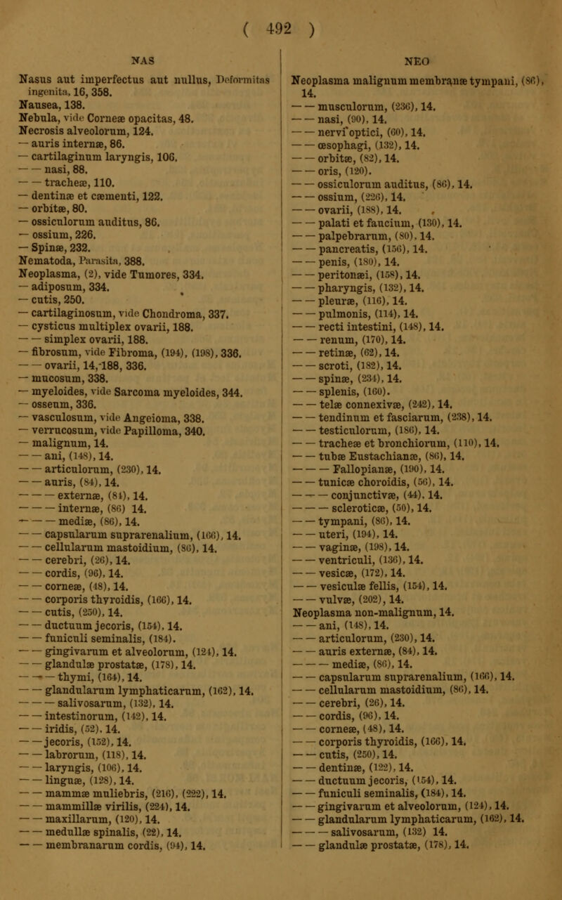 NAS Nasus aut iinperfectus aut nullus, Deformitai ingenita, 16, 358. Nausea, 138. Nebula, vide Corneae opacitas, 48. Necrosis alveolorum, 124. — auris internée, 86. — cartilaginum laryngis, 106. nasi, 88. tracheae, 110. — dentinae et caementi, 122. — orbitœ, 80. — ossiculoruin auditus, 86. — ossium, 226. — Spinae, 232. Nematoda, Parasita, 388. Neoplasma, (2), vide Tumores, 334. — adiposum, 334. — cutis, 250. — cartilaginosum, vide Chondroma, 337. — cysticus multiplex ovarii, 188. simplex ovarii, 188. — fibrosum, vide Fibroma, (194), (198), 336. ovarii, 14,-188, 336. — mucosum, 338. — myeloides, vide Sarcoma myeloides, 344. — osseum, 336. — vasculosum, vide Angeioma, 338. — veiTucosum, vide Papilloma, 340. — malignum, 14. ani, (148), 14. articulorum, (230), 14. auris, (84), 14. externa, (81), 14. internae, (8(5) 14. - mediae, (86), 14. capsularum suprarenalium, (186), 14. cellularum mastoidium, (80), 14. cerebri, (26), 14. cordis, (96), 14. corneae, (48), 14. corporis thvroidis, (166), 14. cutis, (250), 14. ductuum jecoris, (154), 14. funiculi seminalis, (184). gingivarum et alveolorum, (121), 14. glandulae prostata, (178), 14. thymi, (164), 14. glandularum lymphaticarum, (162), 14. salivosarum, (132), 14. intestinorum, (142), 14. iridis, (52). 14. jecoris, (152), 14. labrorum, (118), 14. laryngis, (106), 14. linguae, (128), 14. mammae muliebris, (216), (222), 14. mammillae virilis, (224), 14. maxillarum, (120), 14. medullae spinalis, (22), 14. membranarum cordis. (94), 14. NEO Neoplasma malignum membranœ tympani, (S6), 14. musculorum, (236), 14. nasi, (90), 14. nervi* optici, (60), 14. oesophagi, (132), 14. orbites, (82), 14. oris, (120). ossiculorum auditus, (86), 14. ossium, (22(>), 14. ovarii, (188), 14. palati et faucium, (130), 14. palpebrarum, (80), 14. pancreatis, (186), 14. penis, (180), 14. peritonei, (188), 14. pharyngis, (132), 14. pleurae, (no), 14. pulmonis, (114), 14. recti intestini, (148), 14. renum, (170), 14. retinae, (62), 14. scroti, (182), 14. spinae, (234), 14. splenis, (160). telae connexivae, (242), 14. tendinum et fasciarum, (238), 14. testiculorum, (1S6), 14. tracheae et bronchiorum, (HO), 14. tubae Eustachian», (86), 14. Fallopianae, (190), 14. tunicse choroidis, (56), 14. ■—— conjunctivae, (44), 14. scleroticae, (50), 14. tympani, (86), 14. uteri, (194), 14. vaginae, (198), 14. ventriculi, (136), 14. vesicae, (172), 14. vesiculae fellis, (154), 14. vulvae, (202), 14. Neoplasma non-malignum, 14. ani, (US), 14. articulorum, (230), 14. auris externae, (84), 14. mediae, (86), 14. capsularum suprarenalium, (166), 14. cellularum mastoidium, (8<;), 14. cerebri, (26), 14. cordis, (96), 14. corneae, (48), 14. — — corporis thyroidis, (166), 14. cutis, (250), 14. dentinae, (122), 14. ductuum jecoris, ('54), 14. funiculi seminalis, (184), 14. gingivarum et alveolorum, (124), 14. glandularum lymphaticarum, (188), 14. salivosarum, (132) 14. glandulae prostat«, (178), 14.