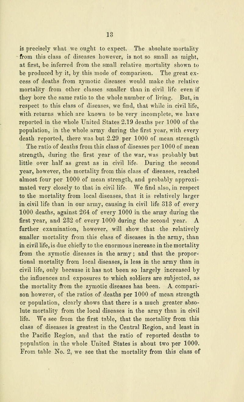 is precisely what we ought to expect. The absolute mortality from this class of diseases however, is not so small as might, at first, be inferred from the small relative mortality shown to be produced by it, by this mode of comparison. The great ex- cess of deaths from zymotic diseases would make the relative mortality from other classes smaller than in civil life even if they bore the same ratio to the whole number of living. But, in respect to this class of diseases, we find, that while in civil life, with returns which are known to be very incomplete, we have reported in the whole United States 2.19 deaths per 1000 of the population, in the whole army during the first year, with every death reported, there was but 2,29 per 1000 of mean strength The ratio of deaths from this class of diseases per 1000 of mean strength, during the first year of the war, was probably but little over half as great as in civil life. During the second year,, however, the mortality from this class of diseases, reached almost four per 1000 of mean strength, and probably approxi- mated very closely to that in civil life. We find also, in respect to the mortality from local diseases, that it is relatively larger in civil life than in our army, causing in civil life 813 of every 1000 deaths, against 264 of every 1000 in the army during the first year, and 232 of every 1000 during the second year. A further examination, however, will show that the relatively smaller mortality from this class of diseases in the army, than in civil life, is due chiefly to the enormous increase in the mortality from the zymotic diseases in the army; and that the propor- tional mortality from local diseases, is less in the army than in civil life, only because it has not been so largely increased by the influences and exposures to which soldiers are subjected, as the mortality from the zymotic diseases has been. A compari- son however, of the ratios of deaths per 1000 of mean strength or population, clearly shows that there is a much greater abso- lute mortality from the local diseases in the army than in civil life. We see from the first table, that the mortality from this class of diseases is greatest in the Central Region, and least in the Pacific Region, and that the ratio of reported deaths to population in the whole United States is about two per 1000. From table No. 2. we see that the mortality from this class of