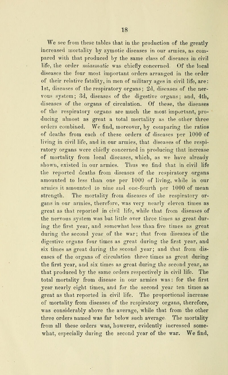 We see from these tables that in the production of the greatly- increased mortality by zymotic diseases in our armies, as com- pared with that produced by the same class of diseases in civil life, the order miasm-atie was chiefly concerned. Of the local diseases the four most important orders arranged in the order of their relative fatality, in men of military ages in civil life, are: 1st, diseases of the respiratory organs: 2d, diseases of the ner- vous system; 3d, diseases of the digestive organs; and, 4th, diseases of the organs of circulation. Of these, the diseases of the respiratory organs are much the most important, pro- ducing almost as great a total mortality as the other three orders combined. We find, moreover, by comparing the ratios of deaths from each of these orders of diseases per 1000 of living in civil life, and in our armies, that diseases of the respi- ratory organs were chiefly concerned in producing that increase of mortality from local diseases, which, as we have already shown, existed in our armies. Tlius we find that in civil life the reported deaths from diseases of the respiratory organs amounted to less than one per 1000 of living, while in our armies it amounted to nine and one-fourth per 1000 of mean strength. The mortality from diseases of the respiratory or- gans in our armies, therefore, was very nearly eleven times as great as that reported in civil life, while that from diseases of the nervous system was but little over three times as great dur- ing the first year, and somewhat less than five times as great during the second year of the war; that from diseases of the digestive organs four times as great during the first year, and six times as great during the second year; and that from dis- eases of the organs of circulation three times as great during the first year, and six times as great during the second year, as that produced by the same orders respectively in civil life. The total mortality from disease in our armies was: for the first year nearly eight times, and for the second year ten times as great as that reported in civil life. The proportions] increase of mortality from diseases of the respiratory organs, therefore, was considerably above the average, while that from the other three orders named was far below such average. The mortality from all these orders was, however, evidently increased some- what, especially during the second year of the war. We find.