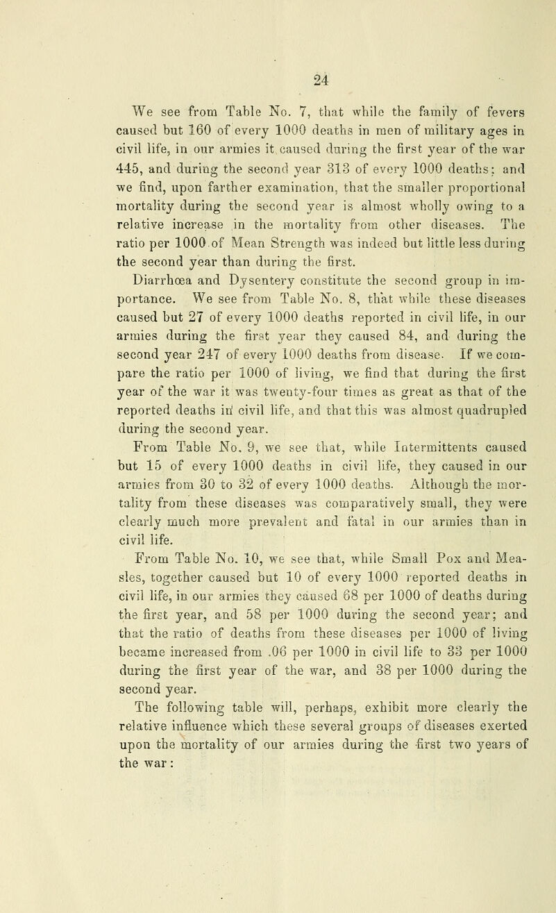 We see from Table No. 7, that while the family of fevers caused but 160 of every 1000 deaths in men of military ages in civil life, in our armies it caused during the first year of the war 445, and during the second year 313 of every 1000 deaths: and we find, upon farther examination, that the smaller proportional mortality during the second year is almost wholly owing to a relative increase ,in the mortality from other diseases. The ratio per 1000 of Mean Strength was indeed but little less during the second year than during the first. Diarrhoea and Dysentery constitute the second group in im- portance. We see from Table No. 8, that while these diseases caused but 27 of every 1000 deaths reported in civil life, in our armies during the first year they caused 84, and during the second year 247 of every 1000 deaths from disease- If we com- pare the ratio per 1000 of living, we find that during the first year of the war it was twenty-four times as great as that of the reported deaths iri civil fife, and that this Was almost quadrupled during the second year. From Table Nb. 9, we see that, while Intermittents caused but 15 of every 1000 deaths in civil life, they caused in our armies from 80 to 32 of every 1000 deaths. Although the mor- tality from these diseases was comparatively small, they were clearly much more prevalent aad fatal in our armies than in civil life. From Table No. 10, we see that, while Small Pox and Mea- sles, together caused but 10 of every 1000 reported deaths in civil life, in our armies they caused 68 per 1000 of deaths during the first year, and 58 per 1000 during the second year; and that the ratio of deaths from these diseases per 1000 of living became increased from .06 per 1000 in civil life to 33 per 1000 during the first year of the war, and 38 per 1000 during the second year. The following table will, perhaps, exhibit more clearly the relative influence which these several groups of diseases exerted upon the mortality of our armies during the first two years of the war: