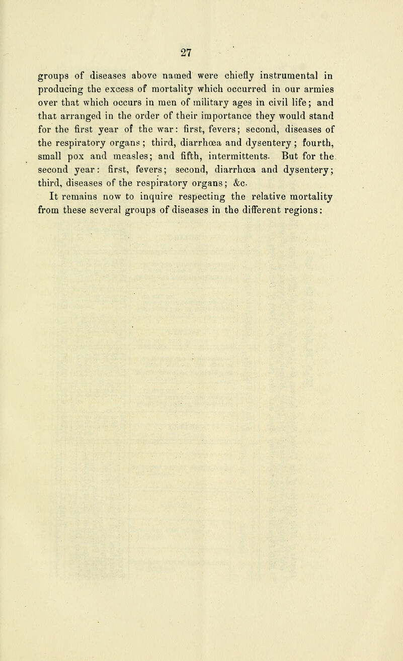 groups of diseases above named were chiefly instrumental in producing the excess of mortality which occurred in our armies over that which occurs in men of military ages in civil life; and that arranged in the order of their importance they would stand for the first year of the war: first, fevers; second, diseases of the respiratory organs ; third, diarrhoea and dysentery; fourth, small pox and measles; and fifth, intermittents. But for the second year: first, fevers; second, diarrhooa and dysentery; third, diseases of the respiratory organs; &c. It remains now to inquire respecting the relative mortality from these several groups of diseases in the different regions: