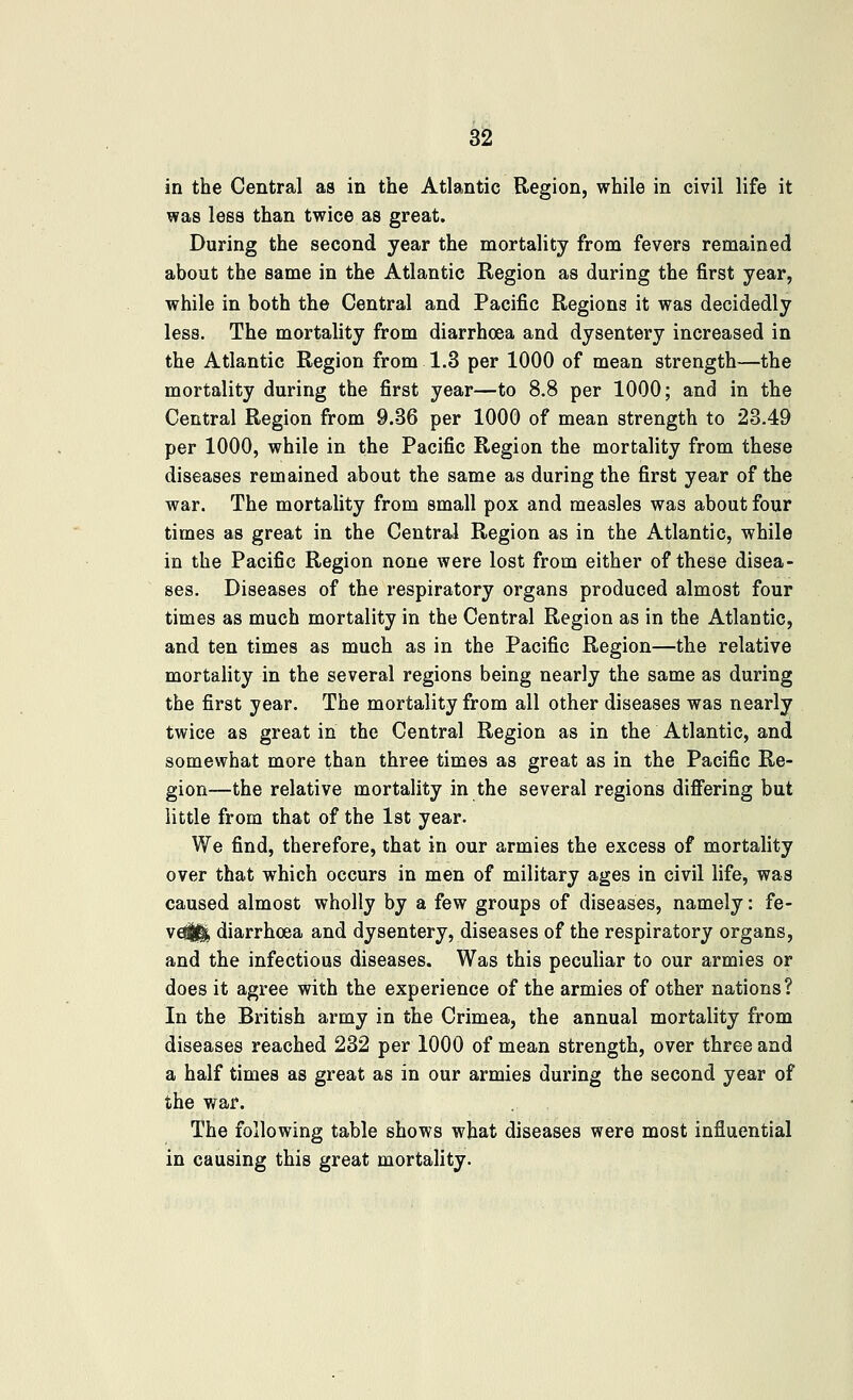 in the Central as in the Atlantic Region, while in civil life it was less than twice as great. During the second year the mortality from fevers remained about the same in the Atlantic Region as during the first year, while in both the Central and Pacific Regions it was decidedly less. The mortality from diarrhoea and dysentery increased in the Atlantic Region from 1.3 per 1000 of mean strength—the mortality during the first year—to 8.8 per 1000; and in the Central Region from 9.36 per 1000 of mean strength to 23.49 per 1000, while in the Pacific Region the mortality from these diseases remained about the same as during the first year of the war. The mortality from small pox and measles was about four times as great in the Central Region as in the Atlantic, while in the Pacific Region none were lost from either of these disea- ses. Diseases of the respiratory organs produced almost four times as much mortality in the Central Region as in the Atlantic, and ten times as much as in the Pacific Region—the relative mortality in the several regions being nearly the same as during the first year. The mortality from all other diseases was nearly twice as great in the Central Region as in the Atlantic, and somewhat more than three times as great as in the Pacific Re- gion—the relative mortality in the several regions difi'ering but little from that of the 1st year. We find, therefore, that in our armies the excess of mortality over that which occurs in men of military ages in civil life, was caused almost wholly by a few groups of diseases, namely: fe- ve^ diarrhoea and dysentery, diseases of the respiratory organs, and the infectious diseases. Was this peculiar to our armies or does it agree with the experience of the armies of other nations? In the British army in the Crimea, the annual mortality from diseases reached 232 per 1000 of mean strength, over three and a half times as great as in our armies during the second year of the war. The following table shows what diseases were most influential in causing this great mortality.