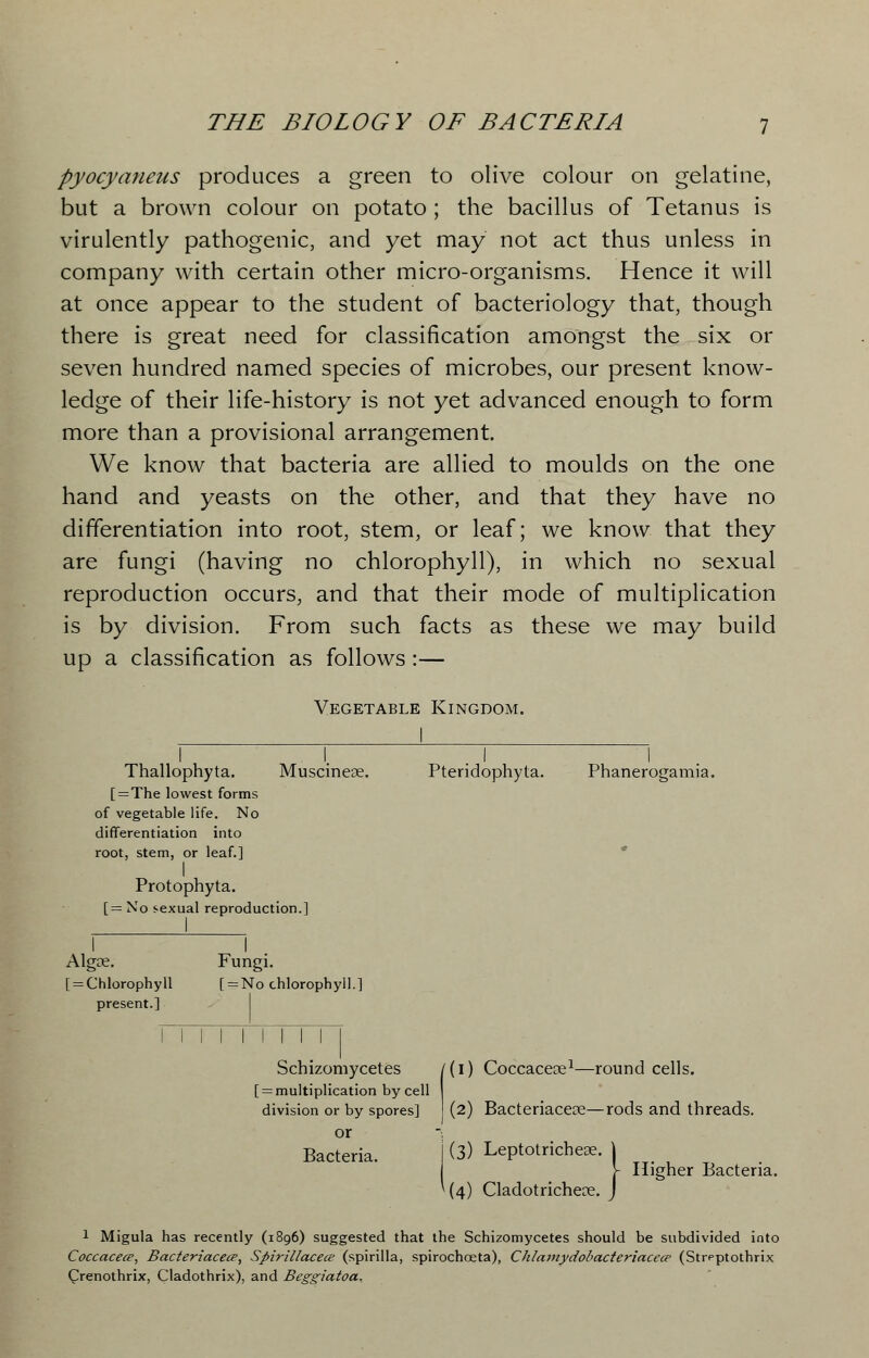 pyocyaneus produces a green to olive colour on gelatine, but a brown colour on potato; the bacillus of Tetanus is virulently pathogenic, and yet may not act thus unless in company with certain other micro-organisms. Hence it will at once appear to the student of bacteriology that, though there is great need for classification amongst the six or seven hundred named species of microbes, our present know- ledge of their life-history is not yet advanced enough to form more than a provisional arrangement. We know that bacteria are allied to moulds on the one hand and yeasts on the other, and that they have no differentiation into root, stem, or leaf; we know that they are fungi (having no chlorophyll), in which no sexual reproduction occurs, and that their mode of multiplication is by division. From such facts as these we may build up a classification as follows:— Vegetable Kingdom. Thallophyta. Muscinese. [=The lowest forms of vegetable life. No differentiation into root, stem, or leaf.] I Protophyta. [=No sexual reproduction.] Pteridophyta. Phanerogamia. Algoe. [ = Chlorophyll present.] Fungi. [ = No chlorophyll.] Schizomycetes /(i) Coccacece1—round cells. [ = multiplication by cell division or by spores] (2) Bacteriacese—rods and threads, or Bacteria. j (3) Leptotrichese. j V Higher Bacteria. ' (4) Cladotrichece. J 1 Migula has recently (1896) suggested that the Schizomycetes should be subdivided into Coccacece, Bacteriacece, Spirillacece (spirilla, spirochoeta), Chlamydobacteriacecp (Streptothrix Crenothrix, Cladothrix), and Beggiatoa.