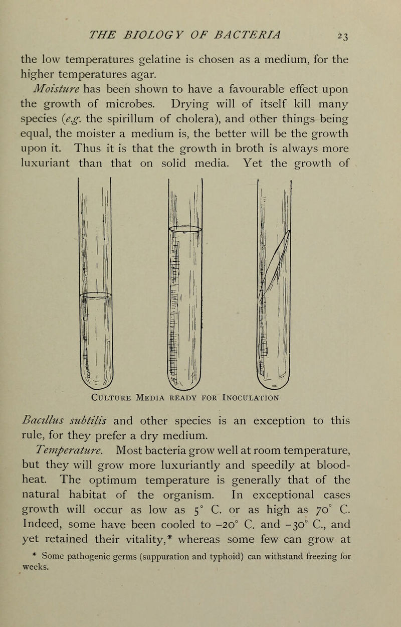 the low temperatures gelatine is chosen as a medium, for the higher temperatures agar. Moisture has been shown to have a favourable effect upon the growth of microbes. Drying will of itself kill many species {e.g. the spirillum of cholera), and other things being equal, the moister a medium is, the better will be the growth upon it. Thus it is that the growth in broth is always more luxuriant than that on solid media. Yet the growth of rii Culture Media ready for Inoculation Bacillus subtilis and other species is an exception to this rule, for they prefer a dry medium. Temperature. Most bacteria grow well at room temperature, but they will grow more luxuriantly and speedily at blood- heat. The optimum temperature is generally that of the natural habitat of the organism. In exceptional cases growth will occur as low as 50 C. or as high as 70° C. Indeed, some have been cooled to -200 C. and -300 C, and yet retained their vitality,* whereas some few can grow at * Some pathogenic germs (suppuration and typhoid) can withstand freezing for weeks.