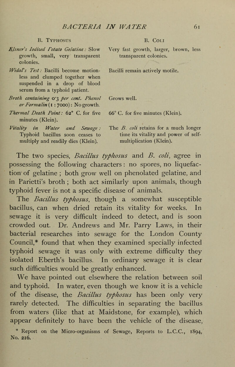B. Typhosus B. Coli Eisner s Iodized Fotato Gelatine: Slow Very fast growth, larger, brown, less growth, small, very transparent transparent colonies, colonies. WidaVs Test: Bacilli become motion- Bacilli remain actively motile, less and clumped together when suspended in a drop of blood serum from a typhoid patient. Broth containing 03 per cent. Phenol Grows well. or Formalin (I : 7000): No growth. Thermal Death Point: 620 C. for five 66° C. for five minutes (Klein), minutes (Klein). Vitality in Water and Sewage : The B. coli retains for a much longer Typhoid bacillus soon ceases to time its vitality and power of self- multiply and readily dies (Klein). multiplication (Klein). The two species, Bacillus typhosus and B. coli, agree in possessing the following characters: no spores, no liquefac- tion of gelatine ; both grow well on phenolated gelatine, and in Parietti's broth ; both act similarly upon animals, though typhoid fever is not a specific disease of animals. The Bacillus typhosus, though a somewhat susceptible bacillus, can when dried retain its vitality for weeks. In sewage it is very difficult indeed to detect, and is soon crowded out. Dr. Andrews and Mr. Parry Laws, in their bacterial researches into sewage for the London County Council,* found that when they examined specially infected typhoid sewage it was only with extreme difficulty they isolated Eberth's bacillus. In ordinary sewage it is clear such difficulties would be greatly enhanced. We have pointed out elsewhere the relation between soil and typhoid. In water, even though we know it is a vehicle of the disease, the Bacillus typhosus has been only very rarely detected. The difficulties in separating the bacillus from waters (like that at Maidstone, for example), which appear definitely to have been the vehicle of the disease, * Report on the Micro-organisms of Sewage, Reports to L.C.C., 1894, No. 216.