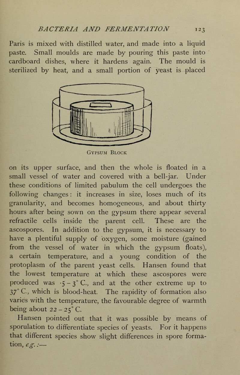 Paris is mixed with distilled water, and made into a liquid paste. Small moulds are made by pouring this paste into cardboard dishes, where it hardens again. The mould is sterilized by heat, and a small portion of yeast is placed Gypsum Block on its upper surface, and then the whole is floated in a small vessel of water and covered with a bell-jar. Under these conditions of limited pabulum the cell undergoes the following changes: it increases in size, loses much of its granularity, and becomes homogeneous, and about thirty hours after being sown on the gypsum there appear several refractile cells inside the parent cell. These are the ascospores. In addition to the gypsum, it is necessary to have a plentiful supply of oxygen, some moisture (gained from the vessel of water in which the gypsum floats), a certain temperature, and a young condition of the protoplasm of the parent yeast cells. Hansen found that the lowest temperature at which these ascospores were produced was -5-3°C., and at the other extreme up to 37° C, which is blood-heat. The rapidity of formation also varies with the temperature, the favourable degree of warmth being about 22 - 250 C. Hansen pointed out that it was possible by means of sporulation to differentiate species of yeasts. For it happens that different species show slight differences in spore forma- tion, e.g.:—