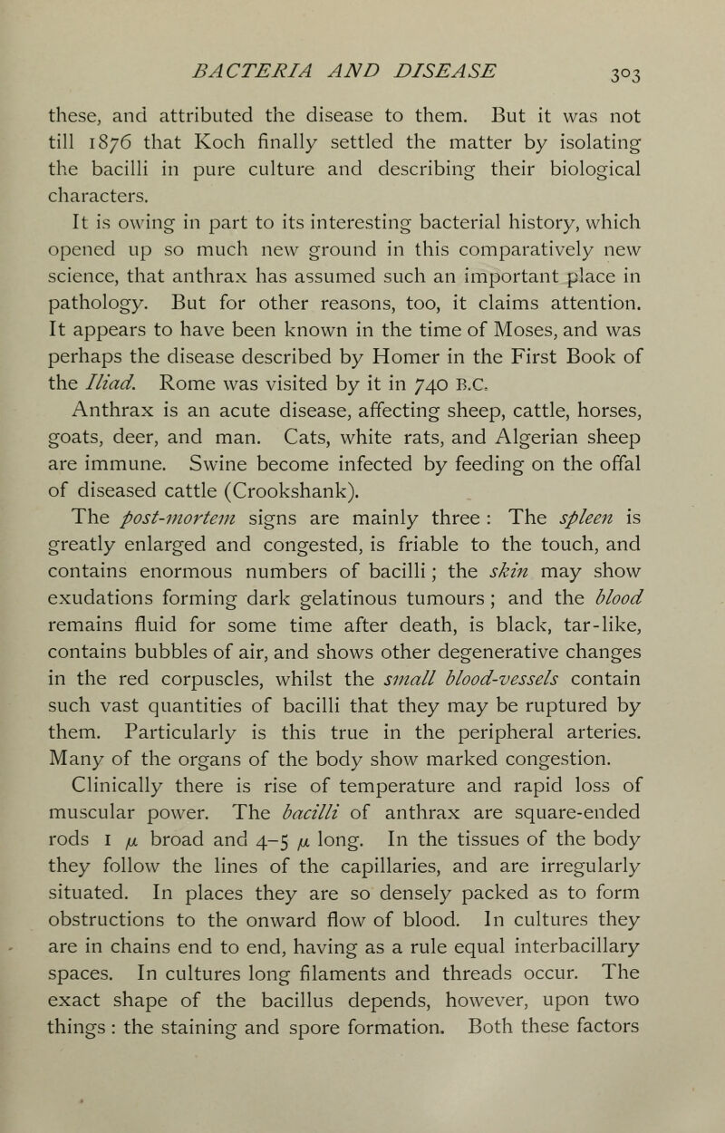 these, and attributed the disease to them. But it was not till 1876 that Koch finally settled the matter by isolating the bacilli in pure culture and describing their biological characters. It is owing in part to its interesting bacterial history, which opened up so much new ground in this comparatively new science, that anthrax has assumed such an important place in pathology. But for other reasons, too, it claims attention. It appears to have been known in the time of Moses, and was perhaps the disease described by Homer in the First Book of the Iliad. Rome was visited by it in 740 B.C Anthrax is an acute disease, affecting sheep, cattle, horses, goats, deer, and man. Cats, white rats, and Algerian sheep are immune. Swine become infected by feeding on the offal of diseased cattle (Crookshank). The post-mortem signs are mainly three : The spleen is greatly enlarged and congested, is friable to the touch, and contains enormous numbers of bacilli; the skin may show exudations forming dark gelatinous tumours; and the blood remains fluid for some time after death, is black, tar-like, contains bubbles of air, and shows other degenerative changes in the red corpuscles, whilst the small blood-vessels contain such vast quantities of bacilli that they may be ruptured by them. Particularly is this true in the peripheral arteries. Many of the organs of the body show marked congestion. Clinically there is rise of temperature and rapid loss of muscular power. The bacilli of anthrax are square-ended rods 1 /ul broad and 4-5 /m long. In the tissues of the body they follow the lines of the capillaries, and are irregularly situated. In places they are so densely packed as to form obstructions to the onward flow of blood. In cultures they are in chains end to end, having as a rule equal interbacillary spaces. In cultures long filaments and threads occur. The exact shape of the bacillus depends, however, upon two things : the staining and spore formation. Both these factors