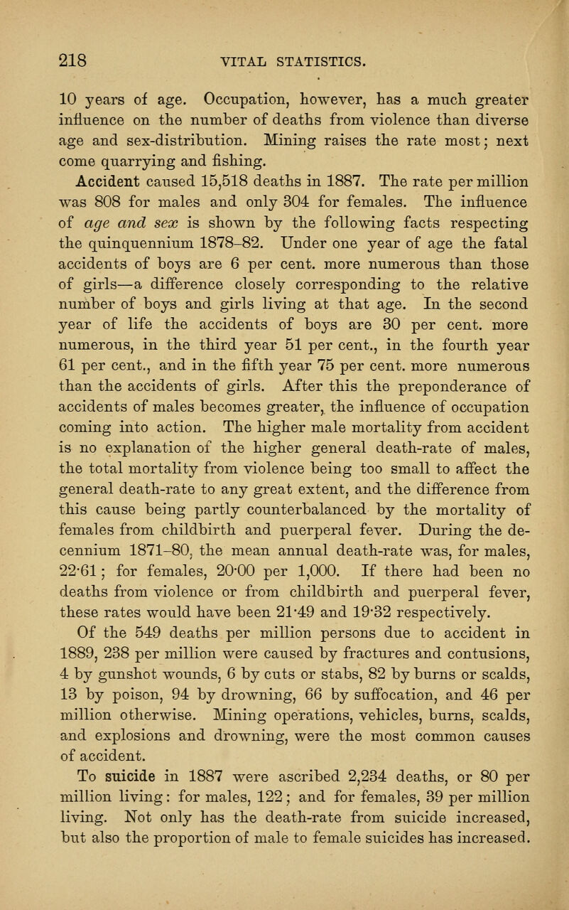 10 years of age. Occupation, however, has a much greater influence on the number of deaths from violence than diverse age and sex-distribution. Mining raises the rate most; next come quarrying and fishing. Accident caused 15,518 deaths in 1887. The rate per million was 808 for males and only 304 for females. The influence of age and sex is shown by the following facts respecting the quinquennium 1878-82. Under one year of age the fatal accidents of boys are 6 per cent, more numerous than those of girls—a difference closely corresponding to the relative number of boys and girls living at that age. In the second year of life the accidents of boys are 30 per cent, more numerous, in the third year 51 per cent., in the fourth year 61 per cent., and in the fifth year 75 per cent, more numerous than the accidents of girls. After this the preponderance of accidents of males becomes greater, the influence of occupation coming into action. The higher male mortality from accident is no explanation of the higher general death-rate of males, the total mortality from violence being too small to affect the general death-rate to any great extent, and the difference from this cause being partly counterbalanced by the mortality of females from childbirth and puerperal fever. During the de- cennium 1871-80, the mean annual death-rate was, for males, 22-61; for females, 20-00 per 1,000. If there had been no deaths from violence or from childbirth and puerperal fever, these rates would have been 21-49 and 19-32 respectively. Of the 549 deaths per million persons due to accident in 1889, 238 per million were caused by fractures and contusions, 4 by gunshot wounds, 6 by cuts or stabs, 82 by burns or scalds, 13 by poison, 94 by drowning, QQ by suffocation, and 46 per million otherwise. Mining operations, vehicles, bums, scalds, and explosions and drowning, were the most common causes of accident. To suicide in 1887 were ascribed 2,234 deaths, or 80 per million living: for males, 122 ; and for females, 39 per million living. Not only has the death-rate from suicide increased, but also the proportion of male to female suicides has increased.