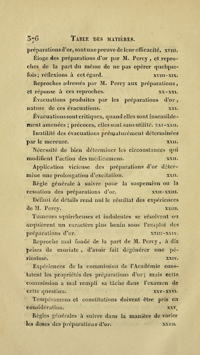 préparations d'or, sont une preuve de leur efficacité. xVïîia Éloge des préparations d'or par M. Percy , et repro- ches de la part du même de ne pas opérer quelque- fois; réflexions à cet égard. xvm-xix. Reproches adressés par M. Percy aux préparations, et réponse à ces reproches. xx-xxi. Évacuations produites par les préparations d'or , nature de ces évacuations. xxi. Évacuations sont critiques, quand elles sont insensible- ment amenées ; précoces, elles sont sansutilité. xxi-xxii. Inutilité des évacuations prématurément déterminées par le mercure. xxn* Nécessité de bien déterminer les circonstances qui modifient l'action des médieamens. xxn. Application vicieuse des préparations d'or déter- mine une prolongation d'excitation. xxn. Règle générale à suivre pour la suspension ou la cessation des préparations d'or. xxii-xxin* Défaut de détails rend nul le résultat des expériences de M. Percy. xxui. Tumeurs squirrheuses et indolentes se résolvent ou acquièrent un caractère plus bénin sous l'emploi des préparations d'or. xxiii-xxiv. Reproche mal fondé de la part de M. Percy, à dix prises de muriate , d'avoir fait dégénérer une pé- riostose. xxiv* Expériences de la commission de l'Académie cons- tatent les propriétés des préparations d'or; mais cette commission a mal rempli sa tâche dans l'examen de cette question* xxv-xxvr. Tempéramens et constitutions doivent être pris en considération» xxvt Règles générales à suivre dans la manière de varier les doses des préparations d'or. xxvn*