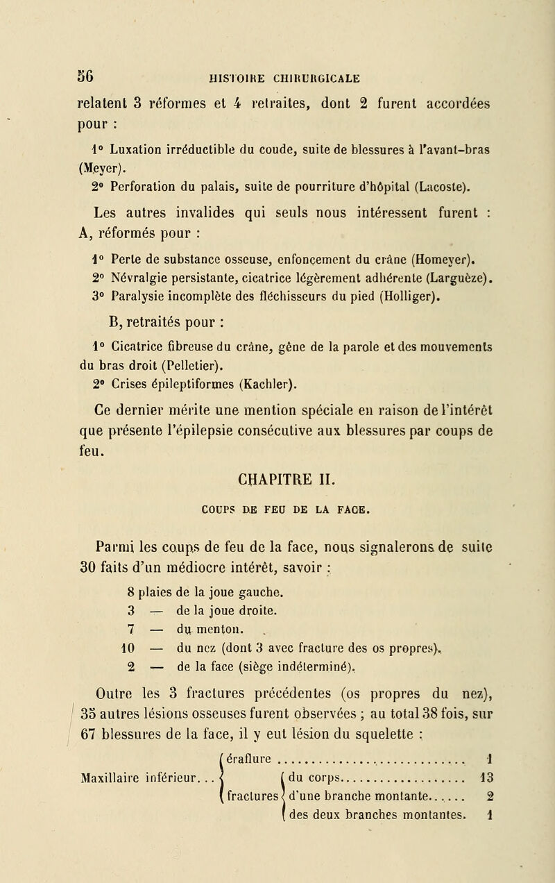 relatent 3 réformes et 4 retraites, dont 2 furent accordées pour : 1° Luxation irréductible du coude, suite de blessures à l'avant-bras (Meyer). 2° Perforation du palais, suite de pourriture d'hôpital (Lacoste). Les autres invalides qui seuls nous intéressent furent : A, réformés pour : i° Perle de substance osseuse, enfoncement du crâne (Homeyer). 2° Névralgie persistante, cicatrice légèrement adhérente (Larguèze). 3° Paralysie incomplète des fléchisseurs du pied (Holliger). B, retraités pour : 1° Cicatrice fibreuse du crâne, gêne de la parole et des mouvements du bras droit (Pelletier). 2° Crises épileptiformes (Kachler). Ce dernier mérite une mention spéciale en raison de l'intérêt que présente l'épilepsie consécutive aux blessures par coups de feu. CHAPITRE II. COUPS DE FEU DE LA FACE. Parmi les coups de feu de la face, nous signalerons de suite 30 faits d'un médiocre intérêt, savoir : 8 plaies de la joue gauche. 3 — de la joue droite. 7 — du menton. 10 — du nez (dont 3 avec fracture des os propres). 2 — de la face (siège indéterminé). Outre les 3 fractures précédentes (os propres du nez), 35 autres lésions osseuses furent observées ; au total 38 fois, sur 67 blessures de la face, il y eut lésion du squelette : iéraflure i (du corps 13 fractures < d'une branche montante....... 2 ( des deux branches montantes. 1