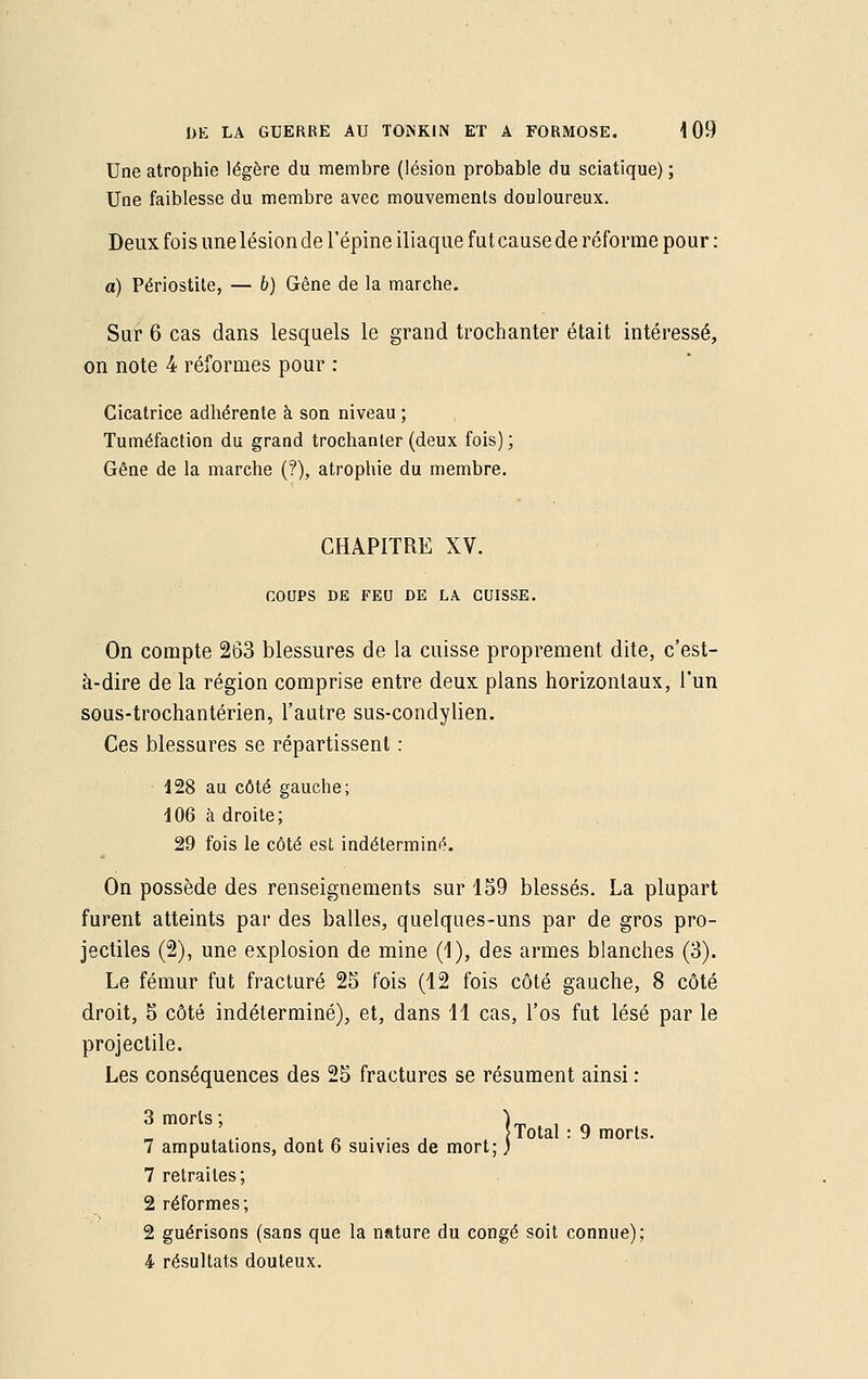 Une atrophie légère du membre (lésion probable du sciatique) ; Une faiblesse du membre avec mouvements douloureux. Deux fois une lésion de l'épine iliaque fut cause de réforme pour : a) Périostite, — b) Gène de la marche. Sur 6 cas dans lesquels le grand trochanter était intéressé, on note 4 réformes pour : Cicatrice adhérente à son niveau; Tuméfaction du grand trochanter (deux fois); Gêne de la marche (?), atrophie du membre. CHAPITRE XV. COUPS DE FEU DE LA CUISSE. On compte 263 blessures de la cuisse proprement dite, c'est- à-dire de la région comprise entre deux plans horizontaux, l'un sous-trochantérien, l'autre sus-condylien. Ces blessures se répartissent : 128 au côté gauche; 406 adroite; 29 fois le côté est indéterminé. On possède des renseignements sur 159 blessés. La plupart furent atteints par des balles, quelques-uns par de gros pro- jectiles (2), une explosion de mine (1), des armes blanches (3). Le fémur fut fracturé 25 fois (12 fois côté gauche, 8 côté droit, 5 côté indéterminé), et, dans 11 cas, l'os fut lésé par le projectile. Les conséquences des 25 fractures se résument ainsi : 3 morts; ),„ , ■ Total : 9 morts. è 7 amputations, dont 6 suivies de mort; 7 retraites; 2 réformes; 2 guérisons (sans que la nature du congé soit connue); 4 résultats douteux.