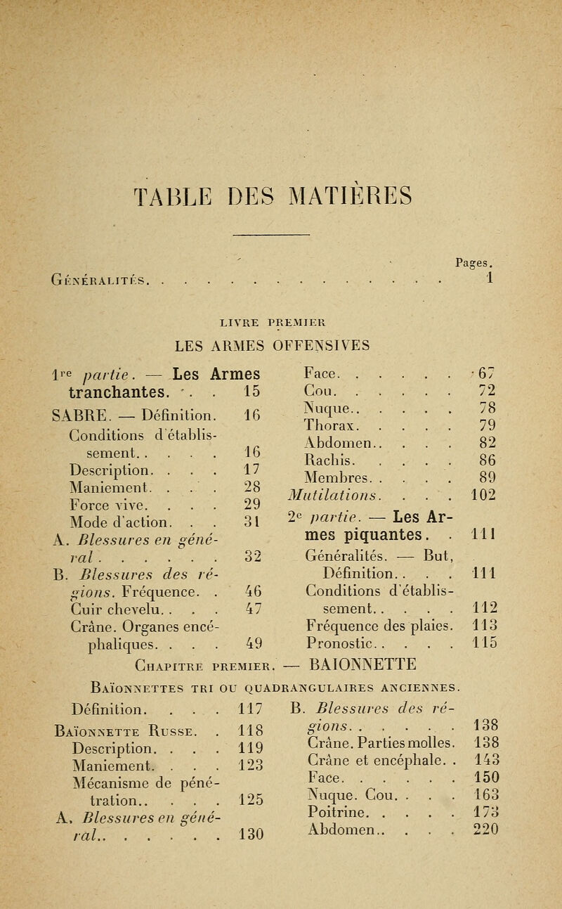 TABLE DES MATIERES KNERALITKS. Pages. LIVRE PREMIER LES ARMES OFFENSIVES l'-e partie. — Les Armes tranchantes. . . 15 SABRE. —Définition Conditions d'établis sèment. . Description. . Maniement. . Force vive. Mode d'action. A. Blessures en gêné rai .... B. Blessures des ré gions. Fréquence. Cuir chevelu. . Crâne. Organes encé phaliques. . 16 16 17 28 29 31 32 46 47 49 Face. . Cou. . Nuque.. Thorax. Abdomen. Rachis. Membres. Mutilations 2c partie. — Les Ar- mes piquantes. . Généralités. — But, Définition. . Conditions d'établis- sement Fréquence des plaies. Pronostic — BAÏONNETTE Chapitre premier. Baïonnettes tri ou quadraîs'gulaires ancieisnes. 117 B. Blessures des ré- 118 gions. . ... . Crâne. Parties molles. Crâne et encéphale. . Face Définition. Baïonnette Russe Description. . 119 Maniement. . 123 Mécanisme de péné- tration 125 A. Blessures en géné- ral 130 Nuque. Poitrine. Abdomen, Cou. •67 72 78 79 82 86 89 102 111 111 112 113 115 138 138 143 150 163 173 220