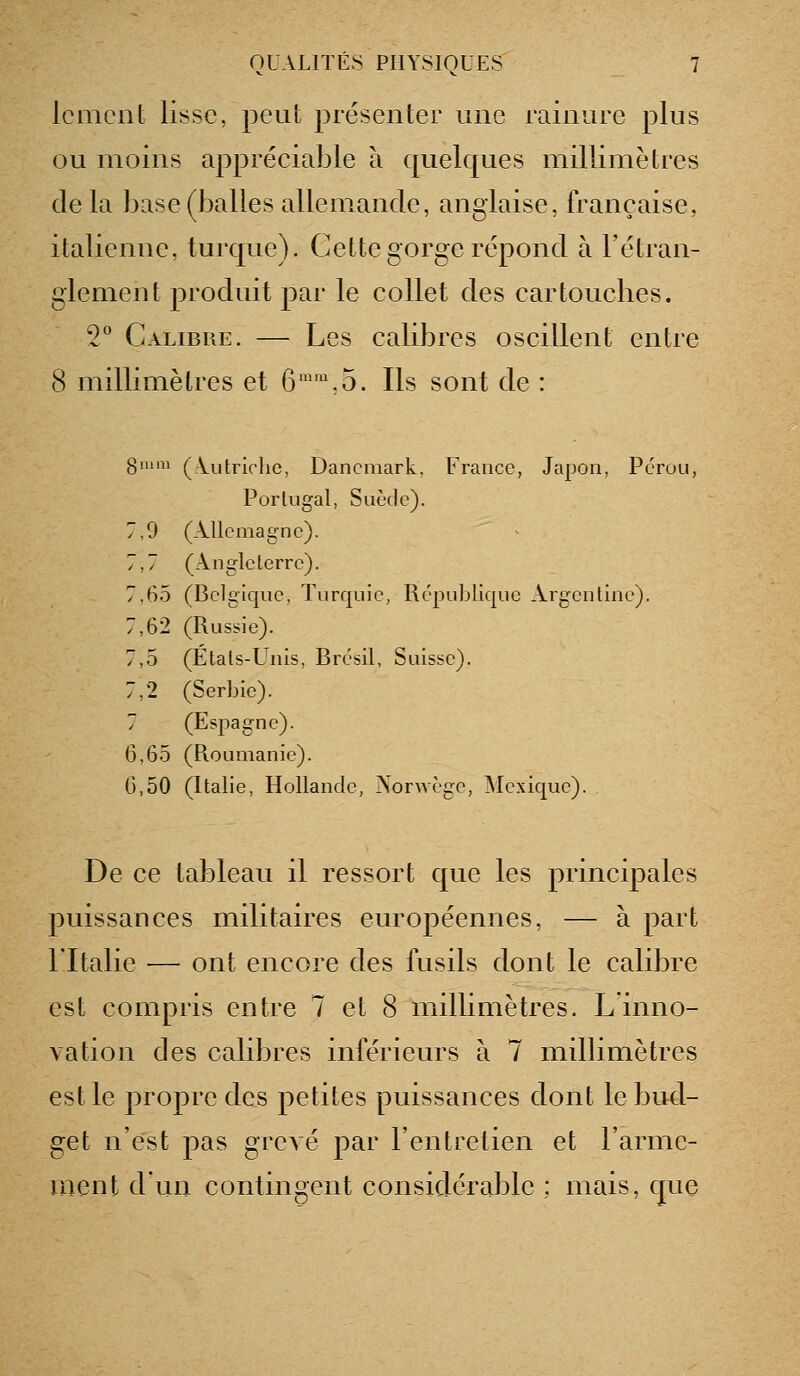 Icmcnt lisse, peul présenter une rainure plus ou moins appréciable à quelques millimètres de la base (balles allemande, anglaise, française, italienne, turque). Cette gorge répond à l'étran- glement produit par le collet des cartouclies. S'' Calibre. — Les calibres oscillent entre 8 millimètres et 6'',5. Ils sont de : gium (Vutriclic, Danemark, France, Japon, Pérou, Portugal, Suède). 7,9 (Allemagne). 7,7 (Angleterre). 7,65 (Belgique, Turquie, République Argentine). 7,62 (Russie). 7,5 (Etats-Unis, Brésil, Suisse). 7,2 (Serbie). 7 (Espagne). 6,65 (Piounianie). 6,50 (Italie, Hollande, Norwègc, Mexique). De ce tableau il ressort que les principales puissances militaires européennes, — à part l'Italie — ont encore des fusils dont le calibre est compris entre 7 et 8 millimètres. L'inno- vation des calibres inférieurs à 7 millimètres est le propre des petites puissances dont le bud- get n'est pas grevé par l'entretien et l'arme- ment dun contingent considérable ; mais, que