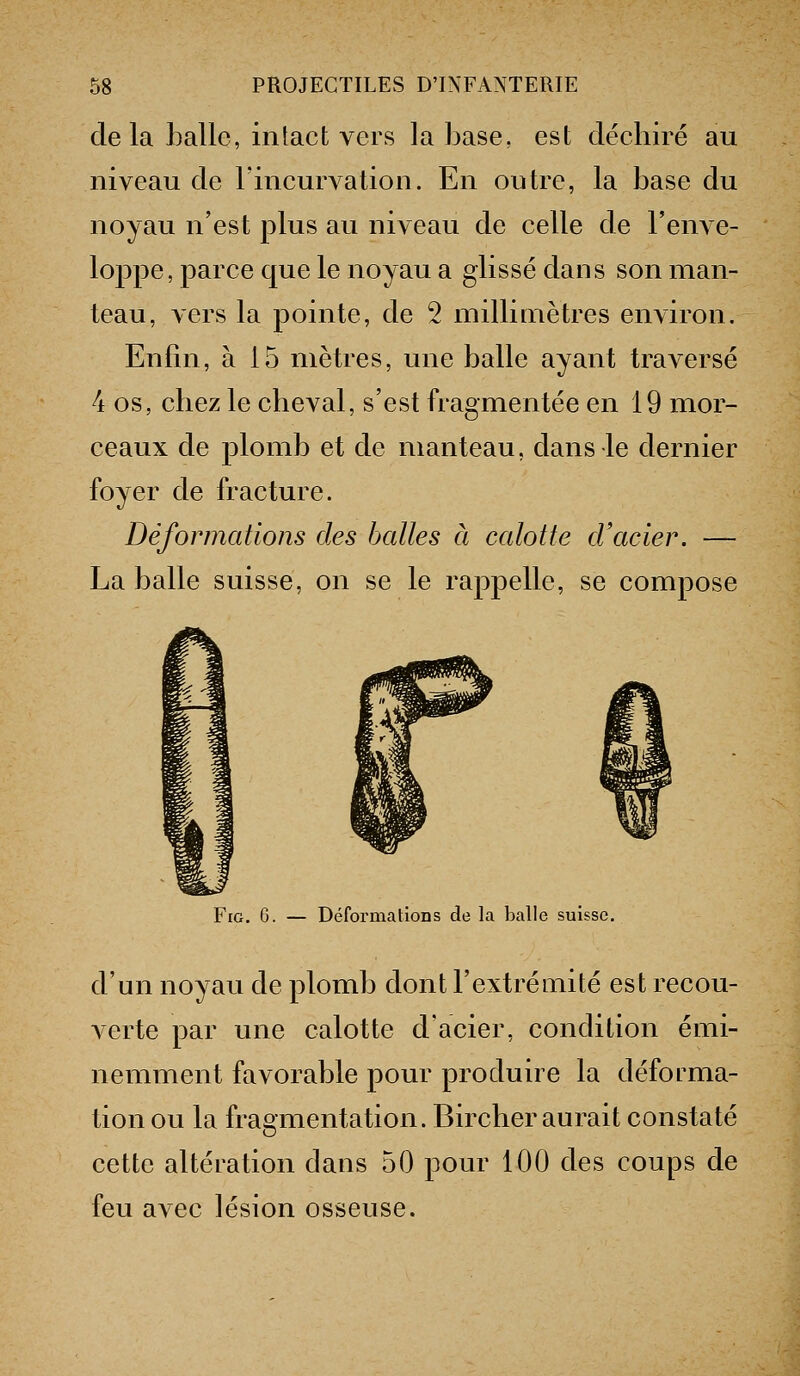 de la balle, intact vers la base, est déchiré au niveau de Fincurvation. En outre, la base du noyau n'est plus au niveau de celle de Fenve- lo23pe, parce que le noyau a glissé dans son man- teau, vers la pointe, de 2 millimètres environ. Enfin, à 15 mètres, une balle ayant traversé 4 os, chez le cheval, s'est fragmentée en 19 mor- ceaux de plomb et de manteau, dans le dernier foyer de fracture. Déformations des balles à calotte d'acier. — La balle suisse, on se le rappelle, se compose FiG, G. — Déformations de la balle suisse. d'un noyau de plomb dont l'extrémité est recou- verte par une calotte d'acier, condition émi- nemment favorable pour produire la déforma- tion ou la fragmentation. Bircher aurait constaté cette altération dans 50 pour 100 des coups de feu avec lésion osseuse.