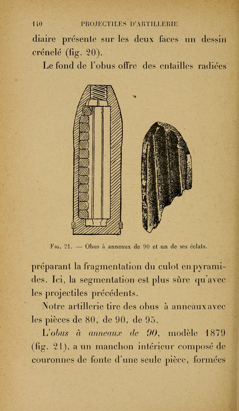 diaire présente sur les deux laces un dessin crénelé (fig. 20). Le fond de l'obus olFre des entailles radiées FiG. 21. — Obus à anneaux de 1)0 et un de ses éclats. préparant la fragmentation du culot en pyrami- des. Ici, la segmentation est plus sûre qu a^ec les projectiles précédents. Notre artillerie tire des obus à anneaux avec les pièces de 80, de 90, de 95. L'obus à anneaux de 90, modèle 1879 (fig. 21), a un manclion intérieur composé de couronnes de fonte d'une seule j)iècc, formées