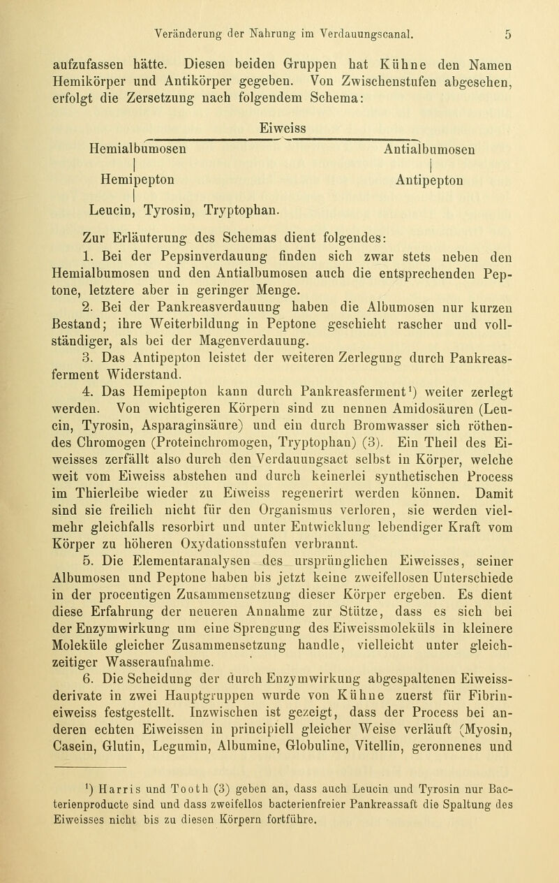 aufzufassen hätte. Diesen beiden Gruppen hat Kühne den Namen Hemikörper und Antiliörper gegeben. Von Zwischenstufen abgesehen, erfolgt die Zersetzung nach folgendem Schema: Eiweiss Hemialbumosen Antialbumosen i I Hemipepton Antipepton I Leucin, Tyrosin, Tryptophan. Zur Erläuterung des Schemas dient folgendes: 1. Bei der Pepsinverdauung finden sich zwar stets neben den Hemialbumosen und den Antialbumosen auch die entsprechenden Pep- tone, letztere aber in geringer Menge. 2. Bei der Pankreasverdauung haben die Albumosen nur kurzen Bestand; ihre Weiterbildung in Peptone geschieht rascher und voll- ständiger, als bei der Magenverdauuog. 3. Das Antipepton leistet der weiteren Zerlegung durch Pankreas- ferment Widerstand. 4. Das Hemipepton kann durch Pankreasferment') weiter zerlegt werden. Von wichtigeren Körpern sind zu nennen Amidosäuren (Leu- cin, Tyrosin, Asparaginsäure) und ein durch Bromwasser sich röthen- des Chromogen (Proteinchromogen, Tryptophan) (3). Ein Theil des Ei- weisses zerfällt also durch den Verdauungsact selbst in Körper, welche weit vom Eiweiss abstehen und durch keinerlei synthetischen Process im Thierleibe wieder zu Eiweiss regenerirt werden können. Damit sind sie freilich nicht für den Organismus verloren, sie werden viel- mehr gleichfalls resorbirt und unter EntwickluDg lebendiger Kraft vom Körper zu höheren Oxydationsstufen verbrannt. 5. Die Elementaranalysen des ursprünglichen Eiweisses, seiner Albumosen und Peptone haben bis jetzt keine zweifellosen Unterschiede in der proceutigen Zusammensetzung dieser Körper ergeben. Es dient diese Erfahrung der neueren Annahme zur Stütze, dass es sich bei der Enzymwirkung um eine Sprengung des Eiweissmoleküls in kleinere Moleküle gleicher Zusammensetzung handle, vielleicht unter gleich- zeitiger Wasseraufnahme. 6. Die Scheidung der durch Enzym Wirkung abgespaltenen Eiweiss- derivate in zwei Hauptgruppen wurde von Kühne zuerst für Fibrin- eiweiss festgestellt. Inzwischen ist gezeigt, dass der Process bei an- deren echten Eiweissen in principiell gleicher Weise verläuft (Myosin, Casein, Glutin, Legumin, Albumine, Globuline, Vitellin, geronnenes und ^) Harris und Tooth (3) geben an, dass auch Leucin und Tyrosin nur Bac- terienproducte sind und dass zweifellos bacterienfreier Pankreassaft die Spaltung des Eiweisses nicht bis zu diesen Körpern fortführe.