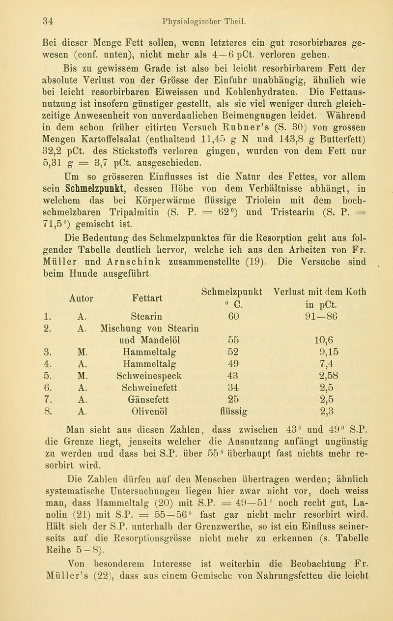 Bei dieser Menge Fett sollen, wenn letzteres ein gut resorbirbares ge- wesen (conf. unten), nicht mehr als 4—6pCt. verloren gehen. Bis zu gewissem Grade ist also bei leicht resorbirbarem Fett der absolute Verlust von der Grösse der Einfuhr unabhängig, ähnlich wie bei leicht resorbirbaren Eiweissen und Kohlenhydraten. Die Fettaus- nutzung ist insofern günstiger gestellt, als sie viel weniger durch gleich- zeitige Anwesenheit von unverdaulichen Beimengungen leidet. Während in dem schon früher citirten Versuch Rubner's (S. 30) von grossen Mengen Kartoffelsalat (enthaltend 11,45 g N und 143,8 g Butterfett) 32,2 pCt. des Sticiistoffs verloren gingen, wurden von dem Fett nur 5,31 g = 3,7 pCt. ausgeschieden. Um so grösseren Einflusses ist die Natur des Fettes, vor allem sein Schmelzpunkt, dessen Höhe von dem Verhältnisse abhängt, in welchem das bei Körperwärme flüssige Triolein mit dem hoch- schmelzbaren Tripalmitin (S. P. = 62°) und Tristearin (S. P. = 71,5) gemischt ist. Die Bedeutung des Schmelzpunktes für die Resorption geht aus fol- gender Tabelle deutlich hervor, welche ich aus den Arbeiten von Fr. Müller und Arnschink zusammenstellte (19). Die Versuche sind beim Hunde ausgeführt. 1. Autor A. Fettart Schmelz^punkt Stearin 60 Verlust mit dem Koth in pCt. 91-86 2. A. Mischung von Stearin und Mandelöl 55 10,6 3. 4. 5. 6. M. A. M. A. Hammeltalg 52 Hammeltalg 49 Schweinespeck 43 Schweinefett 34 9,15 7,4 2,58 2,5 7. A. Gänsefett 25 2,5 8. A. Olivenöl flüssig 2,3 Man sieht aus diesen Zahlen, dass zwischen 43^ und 49'^ S.P. die Grenze liegt, jenseits welcher die Ausnutzung anfängt ungünstig zu werden und dass bei S.P. über 55 überhaupt fast nichts mehr re- sorbirt wird. Die Zahlen dürfen auf den Menschen übertragen werden; ähnlich systematische Untersuchungen liegen hier zwar nicht vor, doch weiss man, dass Hammeltalg (20) mit S.P. = 49—51 noch recht gut, La- nolin (21) mit S.P. = 55—56 fast gar nicht mehr resorbirt wird. Hält sich der S.P. unterhalb der Grenzwerthe, so ist ein Einfluss seiner- seits auf die Resorptionsgrösse nicht mehr zu erkennen (s. Tabelle Reihe 5-8). Von besonderem Interesse ist weiterhin die Beobachtung Fr. Müller's (22), dass aus einem Gemische von Nahrungsfetten die leicht