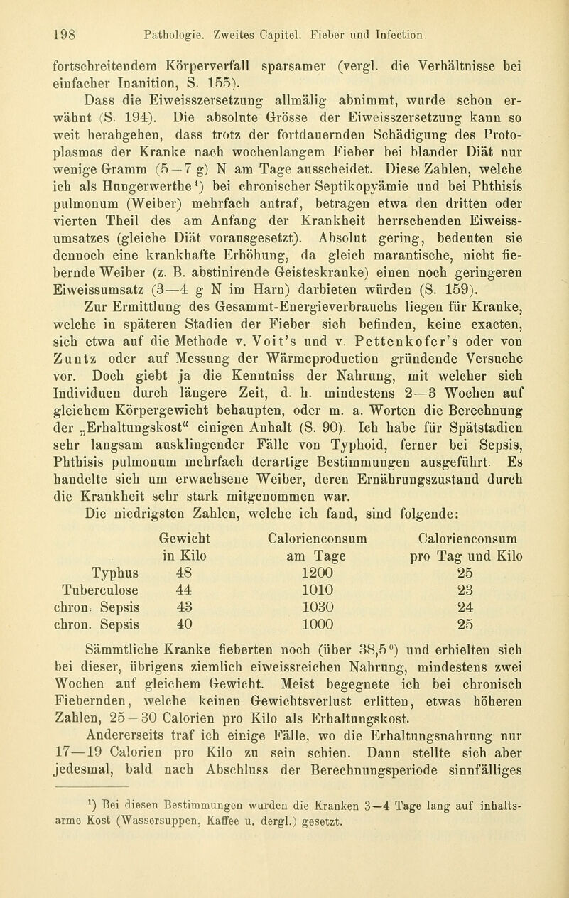 fortschreitendem Körperverfall sparsamer (vergl. die Verhältnisse bei einfacher Inanition, S. 165). Dass die Eiweisszersetzung- allmälig abnimmt, wurde schon er- wähnt (S. 194). Die absolute Grösse der Eiweisszersetzung kann so weit herabgehen, dass trotz der fortdauernden Schädigung des Proto- plasmas der Kranke nach wochenlangem Fieber bei blander Diät nur wenige Gramm (5 —7 g) N am Tage ausscheidet. Diese Zahlen, welche ich als Hungerwerthe *) bei chronischer Septikopyämie und bei Phthisis pulmonum (Weiber) mehrfach antraf, betragen etwa den dritten oder vierten Theil des am Anfang der Krankheit herrschenden Eiweiss- umsatzes (gleiche Diät vorausgesetzt). Absolut gering, bedeuten sie dennoch eine krankhafte Erhöhung, da gleich marantische, nicht fie- bernde Weiber (z. B. abstinirende Geisteskranke) einen noch geringeren Eiweissumsatz (3—4 g N im Harn) darbieten würden (S. 159). Zur Ermittlung des Gesammt-Energieverbrauchs liegen für Kranke, welche in späteren Stadien der Fieber sich befinden, keine exacten, sich etwa auf die Methode v. Voit's und v. Pettenkofer's oder von Zuntz oder auf Messung der Wärmeproduction gründende Versuche vor. Doch giebt ja die Kenntniss der Nahrung, mit welcher sich Individuen durch längere Zeit, d. h. mindestens 2—3 Wochen auf gleichem Körpergewicht behaupten, oder m. a. Worten die Berechnung der „Erhaltungskost einigen Anhalt (S. 90). Ich habe für Spätstadien sehr langsam ausklingender Fälle von Typhoid, ferner bei Sepsis, Phthisis pulmonum mehrfach derartige Bestimmungen ausgeführt. Es handelte sich um erwachsene Weiber, deren Ernährungszustand durch die Krankheit sehr stark mitgenommen war. Die niedrigsten Zahlen, welche ich fand, sind folgende: Gewicht Calorienconsum Calorienconsum in Kilo am Tage pro Tag und Kilo Typhus 48 1200 25 Tuberculose 44 1010 23 chron. Sepsis 43 1030 24 chron. Sepsis 40 1000 25 Sämmtliche Kranke fieberten noch (über 38,5) und erhielten sich bei dieser, übrigens ziemlich eiweissreichen Nahrung, mindestens zwei Wochen auf gleichem Gewicht. Meist begegnete ich bei chronisch Fiebernden, welche keinen Gewichtsverlust erlitten, etwas höheren Zahlen, 25 - 30 Calorien pro Kilo als Erhaltungskost. Andererseits traf ich einige Fälle, wo die Erhaltungsnahrung nur 17—19 Calorien pro Kilo zu sein schien. Dann stellte sich aber jedesmal, bald nach Abschluss der Berechnungsperiode sinnfälliges *) Bei diesen Bestimmungen wurden die Kranken 3—4 Tage lang auf inhalts- arme Kost (Wassersuppen, Kaffee u. dergl.) gesetzt.