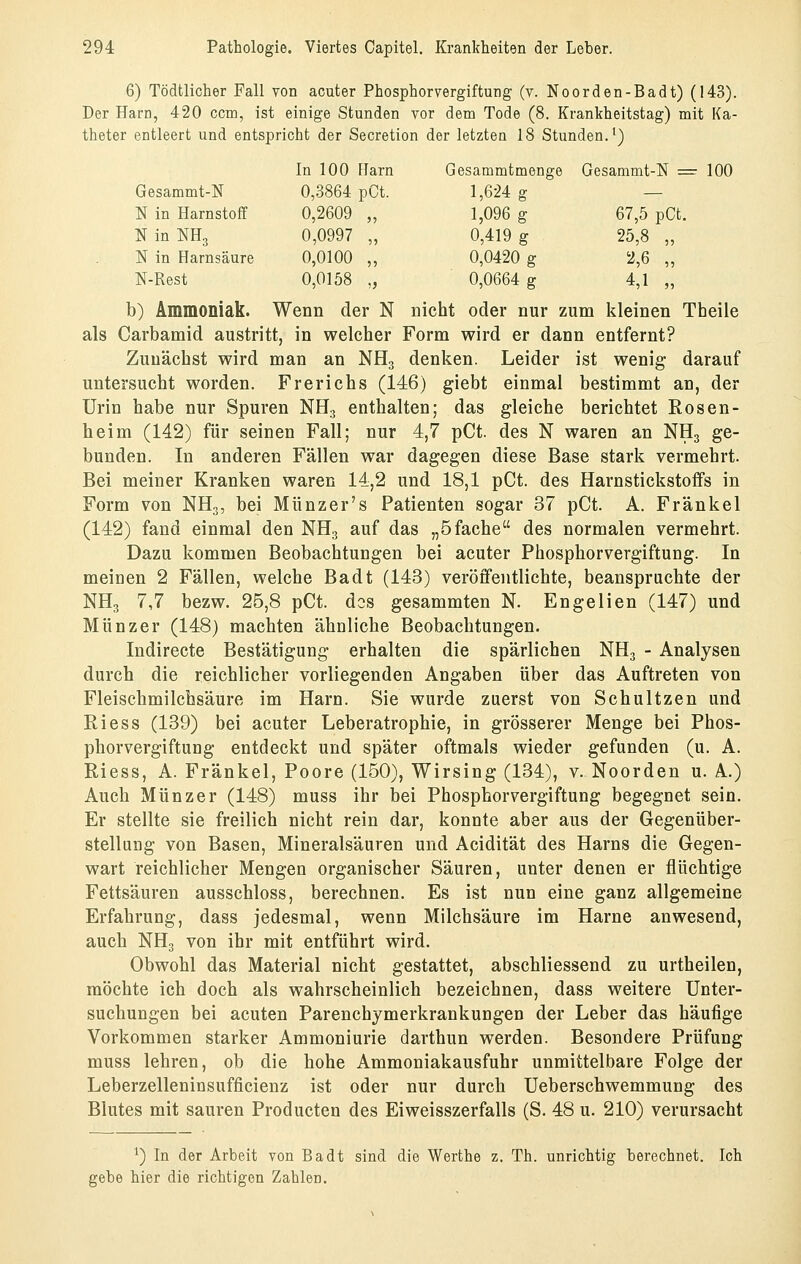 6) Tödtlicher Fall von acuter Phosphorvergiftung (v. Noorden-Badt) (143). Der Harn, 420 com, ist einige Stunden vor dem Tode (8. Krankheitstag) mit Ka- theter entleert und entspricht der Secretion der letzten 18 Stunden.') In 100 Flarn Gesammtmenge Gesammt-N = 100 Gesammt-N 0,3864 pCt. 1,624 g — N in Harnstoff 0,2609 „ 1,096 g 67,5 pCt. N in NH3 0,0997 „ 0,419 g 25,8 „ N in Harnsäure 0,0100 „ 0,0420 g 2,6 „ N-Rest 0,0158 „ ' 0,0664 g 4,1 „ b) Ammoniak. Wenn der N nicht oder nur zum kleinen Theiie als Carbamid austritt, in welcher Form wird er dann entfernt? Zunächst wird man an NH3 denken. Leider ist wenig darauf untersucht worden. Frerichs (146) giebt einmal bestimmt an, der Urin habe nur Spuren NH3 enthalten; das gleiche berichtet Rosen- heim (142) für seinen Fall; nur 4,7 pCt. des N waren an NH3 ge- bunden. In anderen Fällen war dagegen diese Base stark vermehrt. Bei meiner Kranken waren 14,2 und 18,1 pCt. des Harnstickstoffs in Form von NH3, bei Münzer's Patienten sogar 37 pCt. A. Fränkel (142) fand einmal den NH3 auf das „5fache des normalen vermehrt. Dazu kommen Beobachtungen bei acuter Phosphorvergiftung. In meinen 2 Fällen, welche Badt (143) veröfifentlichte, beanspruchte der NH3 7,7 bezw. 25,8 pCt. des gesammten N. Engelien (147) und Münzer (148) machten ähnliche Beobachtungen. Indirecte Bestätigung erhalten die spärlichen NH3 - Analysen durch die reichlicher vorliegenden Angaben über das Auftreten von Fleischmilchsäure im Harn. Sie wurde zuerst von Schnitzen und Riess (139) bei acuter Leberatrophie, in grösserer Menge bei Phos- phorvergiftung entdeckt und später oftmals wieder gefunden (u. A. Riess, A. Fränkel, Poore (150), Wirsing (134), v. Noorden u. A.) Auch Münzer (148) muss ihr bei Phosphorvergiftung begegnet sein. Er stellte sie freilich nicht rein dar, konnte aber aus der Gegenüber- stellung von Basen, Mineralsäuren und Acidität des Harns die Gegen- wart reichlicher Mengen organischer Säuren, unter denen er flüchtige Fettsäuren ausschloss, berechnen. Es ist nun eine ganz allgemeine Erfahrung, dass jedesmal, wenn Milchsäure im Harne anwesend, auch NH3 von ihr mit entführt wird. Obwohl das Material nicht gestattet, abschliessend zu urtheilen, möchte ich doch als wahrscheinlich bezeichnen, dass weitere Unter- suchungen bei acuten Parenchjmerkrankungen der Leber das häufige Vorkommen starker Ammoniurie darthun werden. Besondere Prüfung muss lehren, ob die hohe Ammoniakausfuhr unmittelbare Folge der Leberzelleninsufficienz ist oder nur durch Ueberschwemmung des Blutes mit sauren Producten des Eiweisszerfalls (S. 48 u. 210) verursacht ') In der Arbeit von Badt sind die Werthe z, Th. unrichtig berechnet. Ich gebe hier die richtigen Zahlen.