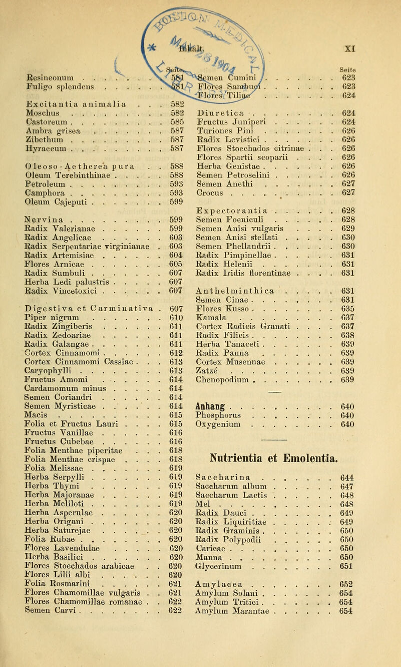 ßesineoiium Fuligo splendeus Excitantia animalia . . . 582 Moschus 582 Castiireum 585 Ambra grisea 587 Zibethum . 587 Hyraceum 587 O leoso - Ae there'a pura . . 588 Oleum Terebiuthiuae 588 Petroleum 593 Camphora 593 Oleum Cajeputi 599 Nervina 599 Radix Valerianae 599 Radix Angelicae 608 Radix Serpentariae virginianae . 603 Radix Artemisiae 604 Flores Arnicae 605 Radix Sumbuli 607 Herba Ledi palustris 607 Radix Vincetoxici 607 Digestiva et Carminativa . 607 Piper nigrum 610 Radix Zingiberis ...... 611 Radix Zedoariae 611 Radix Galangae 611 Gortex Cinnamomi ...... 612 Cortex Cinnamomi Cassiae . . . 618 Caryophylli 613 Fructus Amomi 614 Cardamomum minus 614 Semen Coriandri 614 Semen Myristicae . . , . . . 614 Maeis 615 Folia et Fructus Lauri .... 615 Fructus Vanillae 616 Fructus Cubebae 616 Folia Menthae piperitae . . . 618 Folia Menthae crispae .... 618 Folia Melissae 619 Herba Serpylli 619 Herba Thymi 619 Herba Majoranae 619 Herba Meliloti 619 Herba Asperulae 620 Herba Origani 620 Herba Saturejae 620 Folia Rubae 620 Flores Lavendulae . . . . . 620 Herba Basilici 620 Flores Stoechados arabicae . . 620 Flores Lilii albi 620 Folia Rosmarini 621 Flores Chamomillae vulgaris . . 621 Flores Chamomillae romanae . . 622 Semen Carvi 622 V Seite men iJumini / 623 SamJju/ 623 624 Diuretica 624 Fructus Juniperi 624 Turione.s Pini 626 Radix Levistici 626 Flores Stoechados citrinae . . . 626 Flores Spartii scoparii .... 626 Herba Genistae 626 Semen Petroselini 626 Semen Anethi 627 Crocus ^ 627 Expectorantia 628 Semen Foeniculi 628 Semen Anisi vulgaris .... 629 Semen Anisi stellati 630 Semen Phellandrii 630 Radix Pimpinellae 631 Radix Helenii 631 Radix Iridis florentinae .... 631 Anthelminthica 631 Semen Cinae . 631 Flores Kusso 635 Kamala 637 Cortex Radicis Granati .... 637 Radix Filicis 638 Herba Tanaceti . 639 Radix Panna 639 Cortex Musennae 639 Zatze 639 Chenopodium 639 Anhang 640 Phosphorus 640 änium 640 Nutrientia et Emolentia. Saccharina 644 Saccharum album 647 Saccharum Lactis 648 Mel 648 Radix Dauci 649 Radix Liquiritiae 649 Radix Gramini s 650 Radix Polypodii 650 Caricae 650 Manna 650 Glycerinum 651 Amylacea 652 Amylum Solani 654 Amylum Tritici 654 Amylum Marantae 654