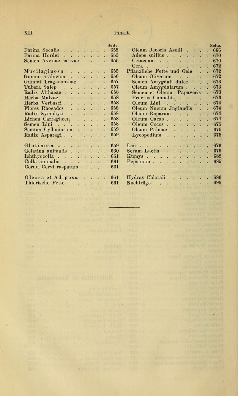 Seite. Farina Seealis 655 Farina Hordei 655 Semen Avenae sativae .... 655 Mucilaginosa 655 Gummi arabicum ...... 656 Gummi Tragacanthae . . . . 657 Tubera Salep 657 Radix Althaeae 658 Herba Malvae . 658 Herba Verbasci 658 Flores Ehoeados 658 Radix Symphyti 658 Liehen Carragheen 658 Semen Lini . . ' 658 Semina Cydoniorum 659 Radix Asparagi 659 Glutinosa 659 Gelatina animalis 660 Ichthyoeolla 661 Colla animalis 661 Cornu Cervi raspatum .... 661 Oleosa et Adiposa .... 661 Thierisehe Fette 661 Seite. Oleiam Jecoris Aselli .... 666 Adeps suillus 670 Cetaceum 670 Gera 672 Pflanzliehe Fette und Gele . . 672 Oleum Olivarum 672 Semen Amygdali dulce . . . 673 Oleum Amygdalarum .... 673 Semen et Oleum Papaveris . 673 Fructus Cannabis 673 Oleum Lini . . 674 Oleum Nueum Juglandis . . 674 Oleum Raparum 674 Oleum Cacao 674 Oleum Cocos 675 Oleum Palmae 675 Lycopodium . 675 Lac .676 Serum Lactis 679 Kumys 682 Pepsinum 685 Hydras Chlorali 686 Nachträge 695
