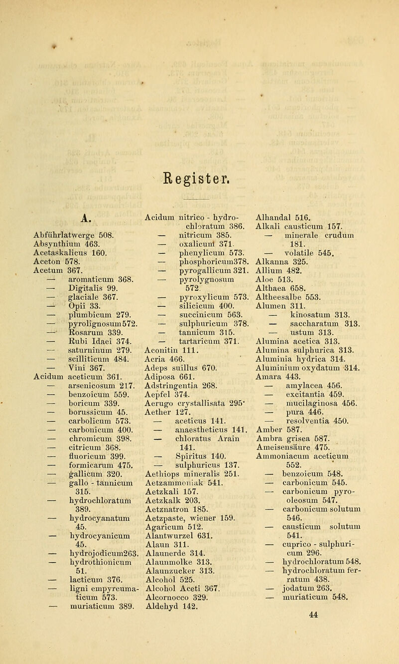 Register. A. Abführlatwerge 508. Absynthium 463. Acetaskalicus 160. Aceton 578. Acetum 367. — aromaticum 368. — Digitalis 99. — glaciale 367. — Opü 33. — plumbicum 279. — pyrolignosum572. —• Eosarum 339. — Eubi Idaei 374. — saturninum 279. — scilliticum 484. — Vini 367. Acidum aceticum 361. — arsenicosum 217. — benzoicum 559. — boricum 339. — borussicum 45. — carbolicum 573. — carbonicum 400. — ehromicum 398. — citricum 368. — fluoricum 399. — formicarum 475, — gallicum 320. — gallo - tannicum 315. — hydrochloratuin 389. — hydrocyanatum 45. — hydrocyanicum 45. — hydrojodiciim263. — hydrothionicum 51. — lacticum 376. — ligni empyreuma- ticum 573. — muriaticum 389. Acidum nitrico - hydro- ehloratum 386. — nitricum 385. — oxalicunl 371. — phenylicum 573. — phospboricum378. — pyrogallicum 321. — pyrolygnosum 572. — pyroxylicum 573. — silicicmn 400. — succiniciim 563. — sulphuricum 378. — tannicum 315. — tartaricum 371. Aeonitin 111. Acria 466. Adeps suillus 670. Adiposa 661. Adstringentia 268. Aepfel 374. Aerugo crystallisata 295' Aether 127, — aceticus 141. — anaestheticus 141. — cbloratus Arain 141. — Spiritus 140. — sulphuricus 137. Aethiops mineralis 251. Aetzammouiak 541. Aetzkali 157. Aetzkalk 203, Aetznatron 185. Aetzpaste, wiener 159. Agaricum 512. Alantwurzel 631. Alaun 311. Alaunerde 314. Alaunmolke 313, Alaunzucker 313. Alcohol 525. Alcobol Aceti 367. Alcornocco 329. Aldehyd 142. Alhandal 516. Alkali causticum 157. — minerale crudum 181. — volatile 545. Alkanna 325. Allium 482, Aloe 513. Althaea 658. Altheesalbe 553. Alumen 311. — kinosatum 313. — saccharatum 313. — ustum 313. Alumina acetica 313. Alumina sulphurica 313. Aluminia hydrica 314. Aluminium oxydatum 314. Amara 443. — amylacea 456. — excitantia 459. — mucilaginosa 456. — pura 446. — resolventia 450. Amber 587. Ambra grisea 587. Ameisensäure 475. Ammoniacum aceticum 552. — benzoicum 548. — carbonicum 545. — carbonicum pyro- oleosum 547, — carbonicum solutum 546. — causticum solutum 541. — cuprico - sulphuri- cum 296. — hydro chloratum 548, — hydrochloratum fer- ratum 438. — jodatum 263. — muriaticum 548. 44