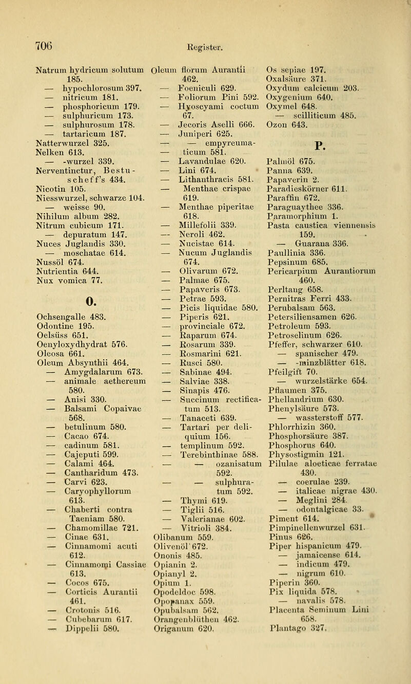 Natrum hydricum solutum 185. — hypochlorosum 397. — nitricum 181. — phosphoricum 179. — sulphuricum 173. — sulphiirosum 178. — tartaricura 187. Natterwurzel 325. Nelken 613. — -Wurzel 339. Nerventinctur, Bestu- scheff's 434. Nicotin 105. Niesswurzel, schwarze 104. — weisse 90. Nihilum album 282. Nitrum cubicum 171. — depuratum 147. Nuces Juglandis 330. — moschatae 614. Nussöl 674. Nutrientia 644. Nux vomica 77. 0. Ochsengalle 483. Odontine 195. Oelsüss 651. Oenyloxydhydrat 576. Oleosa 661. Oleum Absynthii 464. — Araygdalarum 673. — animale aethereum 580. — Anisi 330. — Baisami Copaivae 568. — betulinum 580. — Cacao 674. — cadinum 581. — Cajeputi 599. — Calami 464. — Cantharidum 473. — Carvi 623. — Caryophyllorum 613. — Chaberti contra Taeniam 580. — Chamomillae 721. — Ciuae 631. — Cinuamomi acuti 612. — Ciiinaraonii Cassiae 613. — Cocos 675. — Corticis Aurantii 461. — Crotonis 516. — Cutiebarum 617. — Dippelii 580. oleum florum Aurantii 462. — Foeniculi 629. -— Foliorum Pini 592. — Hyoscyami coctum 67. — Jecoris Aselli 666. — Juniperi 625. — — empyreuma- — ticum 581. — Lavandulae 620. — Lini 674. — Lithanthracis 581. — Menthae crispae 619. — Menthae piperitae 618. — Millefolii 339. — Neroli 462. — Nucistae 614. — Nucum Juglandis 674. — Olivarum 672. — Palmae 675. — Papaveris 673. — Petrae 593. — Picis liquidae 580. — Piperis 621. — provinciale 672. — Kaparum 674. — Eosarum 339. — Rosmarin! 621. — Rusci 580. — Sabinae 494. — Salviae 338. — Sinapis 476. — Succinum rectitica- tum 513. — Tanaceti 639. — Tartari per deli- quium 156. — templinum 592. — Terebinthinae 588. — — ozanisatum 592. — — sulphura- tum 592, — Thymi 619. — Tiglii 516. — Valerianae 602. — Vitrioli 384. Olibanum 559. Olivenöl'672. Ononis 485. Opianin 2. Opianyl 2. Opium 1. Opodeldoc 598. Opoptaiiax 559. Opubalsam 562. Orangciibliithen 462. Origanum 620. Os sepiae 197. Oxalsäure 371. Oxydum calcicum 203. Oxygenium 640. Oxymel 648. — scilliticum 485. Ozon 643. P. Palmöl 675. Panna 639. Papaverin 2. Paradieskörner 611. Paraffin 672. Paraguaythee 336. Paramorphium 1. Pasta caustica vieniieusis 159. — Guarana 336. Paullinia 336. Pepsinum 685. Pericarpium Aurantiorum 460. Perltang 658. Pernitras Ferri 433. Perubalsam 563. Petersiliensamen 626. Petroleum 593. Petroselinum 626. Pfeft'er, schwarzer 610. — spanischer 479. — -minzblätter 618. Pfeilgift 70. — wurzelstärke 654. Pflaumen 375. Phellandrium 630. Phenylsäure 573. — wassterstoff 577. Phlorrhizin 360. Phosphorsäure 387. Phosphorus 640. Physostigmin 121. Pilulae aloeticae ferratae 430. — coerulae 239. — italicae nigrae 430. — Meglini 284. — odontalgicae 33. Piment 614. • Pimpinellenwurzel 631. Pinus 626. Piper hispauicum 479. — jamaicense 614. — indicum 479. — nigrum 610. Piperin 360. Pix liquida 578. — navalis 578. Placenta Seminum Lini 658. Plantago 327,