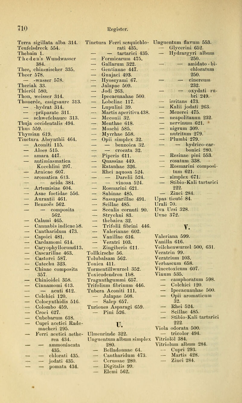 Terra sigillata alba 314. Teufelsdreck 554. Thebain 1. T li e d e n's Wundwasser 384. Thee, chinesischer 835. Theer 578. — -Wasser 578. Theriak 33. Thieröl 580. Thon, weisser 314. Thonerde, essigsaure 313. — -hydrat 314. — -präparate 811. — schwefelsaure 813. Thuja occidentalis 494. Thuß 559. Thymian 619. Tinctura Absynthii 464. — Aconiti 115. — Aloes 515. — amara 447. — antimiasmatica Koechlini 297. — Arnicae 607. — aromatica 613. — acida 384. — Artemisiae 604. — Asae foetidae 556. — Aurantii 461. — Benzoes 562. — — composita 562. — Calami 465. — Canuabis indicae .S8. — Cantharidum 478. —■ Capsici 481. — Cardamomi 614. — Caryophyllorum613. — Casearillae 468. — Castorei 587. — Catechu 828. — Chinae composita 357. — Chinioidei 858. — Cinnamomi 613. — — acuti 612. — Colchici 120. — Colocynthidis 516. — Colombo 459. — Croci 627. — Cubebarum 618. — Cupri acetici Rade- macheri 295. — Ferri acetici aethe- rea 434. — — ammoniacata 435. — — chlurati 435. — — jodati 435. — — pomata 434. Tinctura Ferri sesquichlo- rati 435, — — tartarici 485. — Formicarum 475, — Gallarum 822. — Gentianae 447. — Guajaci 493. — Hyoscyami 67. — Jalapae 509. — Jodi 263. — Ipecacuaahae 500. — Lobeliae 117. — Lupulini 39. — Martis aperitiva 438. — Meconii 32. — Menthae 618. — Moschi 585. — Myrrhae 558. — Opii Simplex 82. — — benzoica 32. —■ — crocata 32. — Piperis 611. — Quassiae 449. — Eatanhae 326. — ßhei aquosa 524. — — Darelii 524. — — vinosa 524. — Rosmarini 621. — Sabinae 485. — Sassaparillae 491. — Scillae 485. — Seealis cornuti 90. — Strychni 83. — thebaica 32. — Trifolü fibrini 446. — Valerianae 602. — Vanillae 616. — Veratri 103. — Zingiberis 611. Tollkirsche 56. Tolubalsam 562. Tonica 411. Tormentillwurzel 352. Toxicodendron lb8. Traganthgumrai 657. Trifolium fibrinum 446. Tubera Aconiti 111. — Jalapae 508. — Salep 657. Turiones Asparagi 659. — Pini 526. u. Ulmenrinde 322. IJnguentum album simplex 280. — Belladonnae 64. — Cantharidum 473. — Cerussae 280. — Digitalis 99. — Elemi 562. Unguentum flavum 5,53. — Glycerini 652. — Hydrargyri album 250. — — amidato - bi- chloratum 250. — — cinereum 232. — — oxydati ru- bri 249. — irritans 473. — Kalii jodati 263. — Mezerei 475. — neapolitanun 232. — nervinum 621. ' — nigrum 309. — nutritum 279. — Plumbi 279. — — hydrico-car- bonici 280. — Resinae pini 553. — rosatum 338. — Rosmarini composi- tum 621. — simplex 671. — Stibio-Kali tartarici 222. — Zinci 284. Upas tieute 84. Urali 70. Uva Ursi 328. Uvae 372. V. Valeriana 599. Vanilla 616. Veilchenwurzel 500, 681. Veratrin 99. Veratrium 103. Verbascum 658. Vincetoxicum 607. Vinum 535. — camphoratum 598. — Colchici 120. — Ipecacuanhae 500. — Opii aromaticum 32. — Rhei 524. — Scillae 485. — Stibio-Kali tartarici 222. Viola odorata 500. — tricolor 494. Vitriolöl 384. Vitriolum album 284. — Cupri 293. — Martis 428. — Ziufi 284.