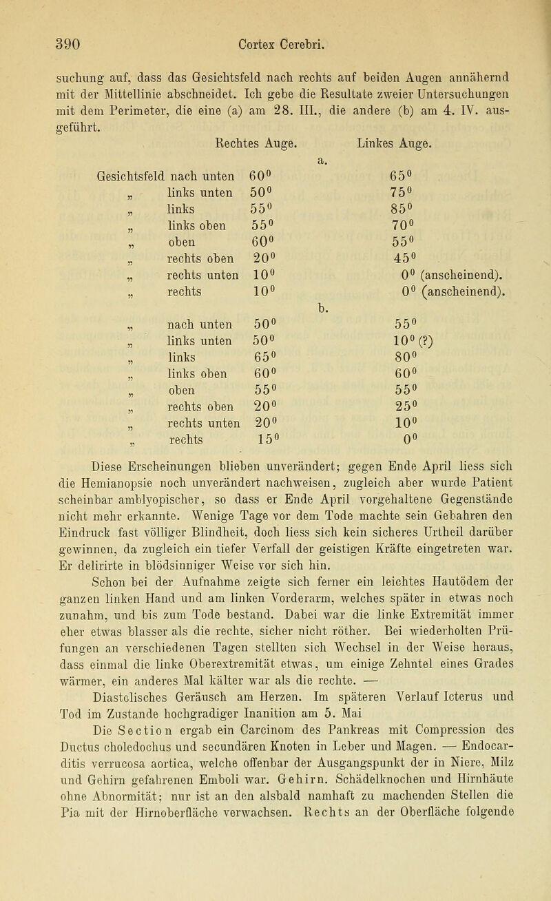 suchung auf, dass das Gesichtsfeld nach rechts auf beiden Augen annähernd mit der Mittellinie abschneidet. Ich gebe die Resultate zweier Untersuchungen mit dem Perimeter, die eine (a) am 28. IIL, die andere (b) am 4. IV. aus- geführt. Rechtes Auge. Linkes Auge. Gesichtsfeld nach unten 600 a. 650 5) links unten 50 750 » links 550 850 )) links oben 550 700 ■>■> oben 60° 550 » rechts oben 20 450 W rechts unten 10« 00 (anscheinend). n rechts 100 b. QO (anscheinend). « nach unten 500 550 ?5 links unten 500 100 (?) 55 links 650 800 55 links oben 600 600 55 oben 550 550 55 rechts oben 20« 250 55 rechts unten 200 100 rechts 150 00 Diese Erscheinungen blieben unverändert; gegen Ende April Hess sich die Hemianopsie noch unverändert nachweisen, zugleich aber wurde Patient scheinbar amblyopischer, so dass er Ende April vorgehaltene Gegenstände nicht mehr erkannte. Wenige Tage vor dem Tode machte sein Gebahren den Eindruck fast völliger Blindheit, doch Hess sich kein sicheres Urtheil darüber gewinnen, da zugleich ein tiefer Verfall der geistigen Kräfte eingetreten war. Er delirirte in blödsinniger Weise vor sich hin. Schon bei der Aufnahme zeigte sich ferner ein leichtes Hautödem der ganzen linken Hand und am linken Vorderarm, welches später in etwas noch zunahm, und bis zum Tode bestand. Dabei war die linke Extremität immer eher etwas blasser als die rechte, sicher nicht röther. Bei wiederholten Prü- fungen an verschiedenen Tagen stellten sich Wechsel in der Weise heraus, dass einmal die linke Oberextremität etwas, um einige Zehntel eines Grades wärmer, ein anderes Mal kälter war als die rechte. — Diastolisches Geräusch am Herzen. Im späteren Verlauf Icterus und Tod im Zustande hochgradiger Inanition am 5. Mai Die Section ergab ein Carcinom des Pankreas mit Compression des Ductus choledochus und secundären Knoten in Leber und Magen. — Endocar- ditis verrucosa aortica, welche offenbar der Ausgangspunkt der in Niere, Milz und Gehirn gefahrenen Emboli war. Gehirn. Schädelknochen und Hirnhäute ohne Abnormität; nur ist an den alsbald namhaft zu machenden Stellen die Pia mit der Hirnoberfläche verwachsen. Rechts an der Oberfläche folgende