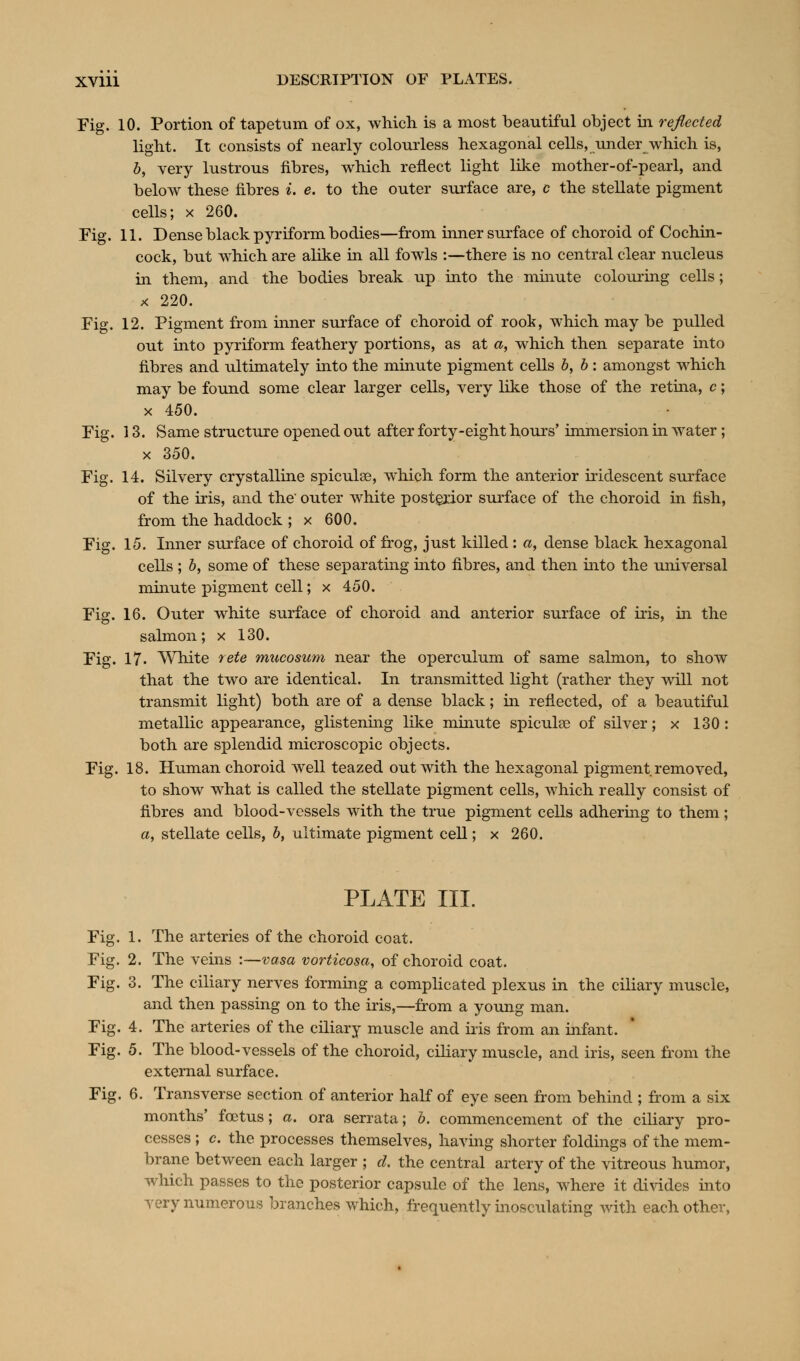 Fig. 10. Portion of tapetum of ox, which is a most beautiful object in reflected light. It consists of nearly colourless hexagonal cells, under which is, b, very lustrous fibres, which reflect light like mother-of-pearl, and below these fibres i. e. to the outer surface are, c the stellate pigment cells; x 260. Fig. 11. Dense black pyriform bodies—from inner surface of choroid of Cochin- cock, but which are alike in all fowls :—there is no central clear nucleus in them, and the bodies break up into the minute colouring cells; x 220. Fig. 12. Pigment from inner surface of choroid of rook, which may be pulled out into pyriform feathery portions, as at a, which then separate into fibres and ultimately into the minute pigment cells b, b : amongst which may be found some clear larger cells, very like those of the retina, c; x 450. Fig. 13. Same structure opened out after forty-eight hours' immersion in water; x 350. Fig. 14. Silvery crystalline spiculse, which form the anterior iridescent surface of the iris, and the' outer white posterior surface of the choroid in fish, from the haddock ; x 600. Fig. 15. Inner surface of choroid of frog, just killed : a, dense black hexagonal cells ; b, some of these separating into fibres, and then into the universal minute pigment cell; x 450. Fig. 16. Outer white surface of choroid and anterior surface of iris, in the salmon; x 130. Fig. 17- White tete mucosum near the operculum of same salmon, to show that the two are identical. In transmitted light (rather they will not transmit light) both are of a dense black; in reflected, of a beautiful metallic appearance, glistening like minute spiculse of silver; x 130: both are splendid microscopic objects. Fig. 18. Human choroid well teazed out with the hexagonal pigment removed, to show what is called the stellate pigment cells, which really consist of fibres and blood-vessels with the true pigment cells adhering to them ; a, stellate cells, b, ultimate pigment cell; x 260. PLATE III. Fig. 1. The arteries of the choroid coat. Fig. 2. The veins :—vasa vorticosa, of choroid coat. Fig. 3. The ciliary nerves forming a complicated plexus in the ciliary muscle, and then passing on to the iris,—from a young man. Fig. 4. The arteries of the ciliary muscle and his from an infant. Fig. 5. The blood-vessels of the choroid, ciliary muscle, and iris, seen from the external surface. Fig. 6. Transverse section of anterior half of eye seen from behind ; from a six months' foetus; a. ora serrata; b. commencement of the ciliary pro- cesses ; c. the processes themselves, having shorter foldings of the mem- brane between each larger ; d. the central artery of the vitreous humor, which passes to the posterior capsule of the lens, where it divides into very numerous branches which, frequently inosculating with each other,