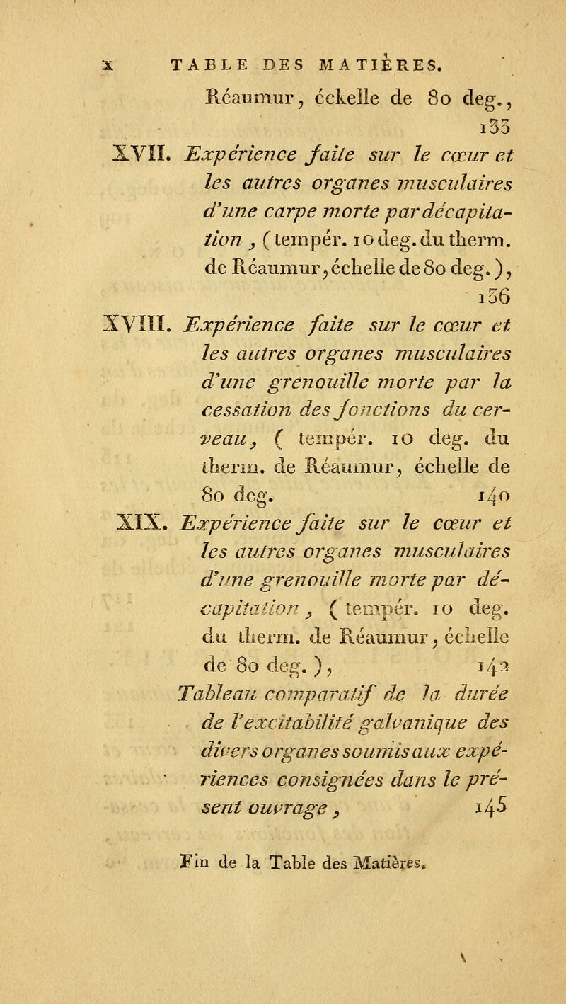 X TABLE DES MATIERES. Réaumur, éckeile de 80 deg., i55 XVIL Expérience Jaiie sur le cœur et les autres organes musculaires d'une carpe morte par décapita- tion y ( tempér. i o à.^.^, du therm. de E-éaumur^ échelle de 80 deg. ), i36 XVIÎI. Expérience faite sur le cœur et les autres organes musculaires d'une grenouille morte par la cessation des Jonctions du cer- veau ^ ( tempcr. 10 deg. du tberm. de Réauniur, échelle de 80 àeg» 140 XIX. Expérience faite sur le cœur et les autres organes musculaires d'une grenouille morte par dé^ capitallon y (tempér. 10 à<^g. du therm. de Ptéauniur^ échelle de 80 deg. ), 143 Tableau comparatif de la durée de Vexeitahïlité galvanique des divers organes soumis aux expé- riences consignées dans le pré- sent ouvrage ^ 145 l'in de la Table des Matières,