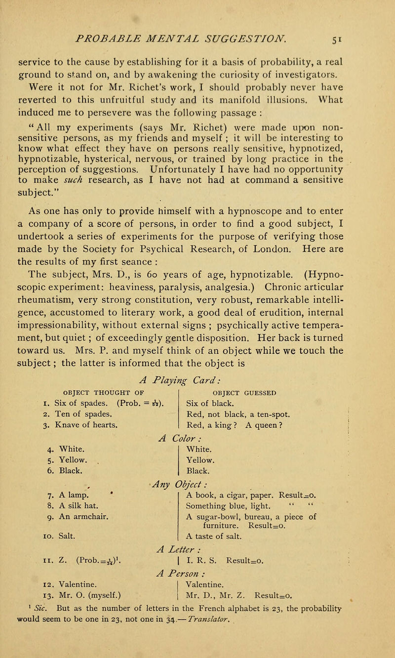 service to the cause by establishing for it a basis of probability, a real ground to stand on, and by awakening the curiosity of investigators. Were it not for Mr. Richet's work, I should probably never have reverted to this unfruitful study and its manifold illusions. What induced me to persevere was the following passage : All my experiments (says Mr. Richet) were made upon non- sensitive persons, as my friends and myself ; it will be interesting to know what effect they have on persons really sensitive, hypnotized, hypnotizable, hysterical, nervous, or trained by long practice in the perception of suggestions. Unfortunately I have had no opportunity to make such research, as I have not had at command a sensitive subject. As one has only to provide himself with a hypnoscope and to enter a company of a score of persons, in order to find a good subject, I undertook a series of experiments for the purpose of verifying those made by the Society for Psychical Research, of London. Here are the results of my first seance : The subject, Mrs. D., is 60 years of age, hypnotizable. (Hypno- scopic experiment: heaviness, paralysis, analgesia.) Chronic articular rheumatism, very strong constitution, very robust, remarkable intelli- gence, accustomed to literary work, a good deal of erudition, internal impressionability, without external signs ; psychically active tempera- ment, but quiet; of exceedingly gentle disposition. Her back is turned toward us. Mrs. P. and myself think of an object while we touch the subject; the latter is informed that the object is A Playing Card: OBJECT THOUGI- rr of OBJECT GUESSED I. Six of spades. (Prob. = &). Six of black. 2. Ten of spades. Red, not black, a ten-spot. 3- Knave of hearts. Red, a king? A queen? A Color : 4. White. White. 5- Yellow. Yellow. 6. Black. Black. * Any Object: 7. A lamp. A book, a cigar, paper. Result-0. 8. A silk hat. Something blue, light. 9- An armchair. A sugar-bowl, bureau, a piece of furniture. Result=o. 10. Salt. A taste of salt. A Letter : 11. Z. (Prob.=A)<. | I. R. S. Result=o. A Person : 12. Valentine. I Valentine. 13. Mr. O. (myself.) 1 Mr. D., Mr. Z. Result=o. 1 Sic. But as the number of letters in the French alphabet is 23, the probability would seem to be one in 23, not one in 34. — Translator.