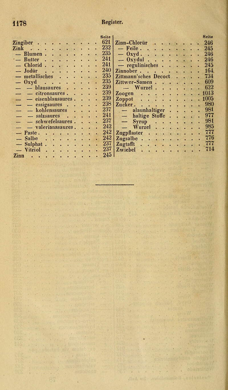 Seite Zingiber 621 Zink 232 — Blumen 235 — Butter 241 _ Chlorid ........ 241 — Jodür 240 — metallisches 235 _ Oxyd 235 — — blausaures 239 — — citronsaures 239 — — eisenblausaures .... 239 — — essigsaures 238 — — kohlensaures .... 237 — — salzsaures 241 — — schwefelsaures .... 237 — — valerianasaures.... 242 — Paste. 242 _ Salbe . 242 — Sulphat 237 _ Vitriol 237 Zinn 245 Seit» Zinn-Chlorür 246 — Feile 245 — Oxyd 246 — Oxydul 246 — regulinisches 245 Zinnober 164 Zittmann'sches Decoct .... 734 Zittwer-Samen ....... 609 — Wurzel ....... 622 Zoogen . . . 1013 Zoppot 1005 Zucker 980 _ — alaunhaltiger 981 — haltige Stoffe 977 — Syrup 981 — Wurzel 985 Zugpflaster 777 Zugsalbe 776 Zugtafft 777 Zwiebel ......... 714