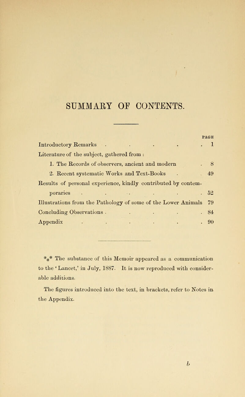 SUMMAEY OP CONTENTS. PAGK Introductory Remarks . . . . .1 Literature of the subject, gathered from : 1. The Records of observers, ancient and modern . 8 2. Recent systematic Works and Text-Books . 49 Results of personal experience, kindly contributed by contem- poraries . . . . . .52 Illustrations from the Pathology of some of the Lower Animals 79 Concluding Observations . . . . .84 Appendix . . . . . .90 *** The substance of this Memoir appeared as a communication to the ' Lancet,' in July, 1887. It is now reproduced with consider- able additions. The figures introduced into the text, in brackets, refer to Notes in the Appendix.